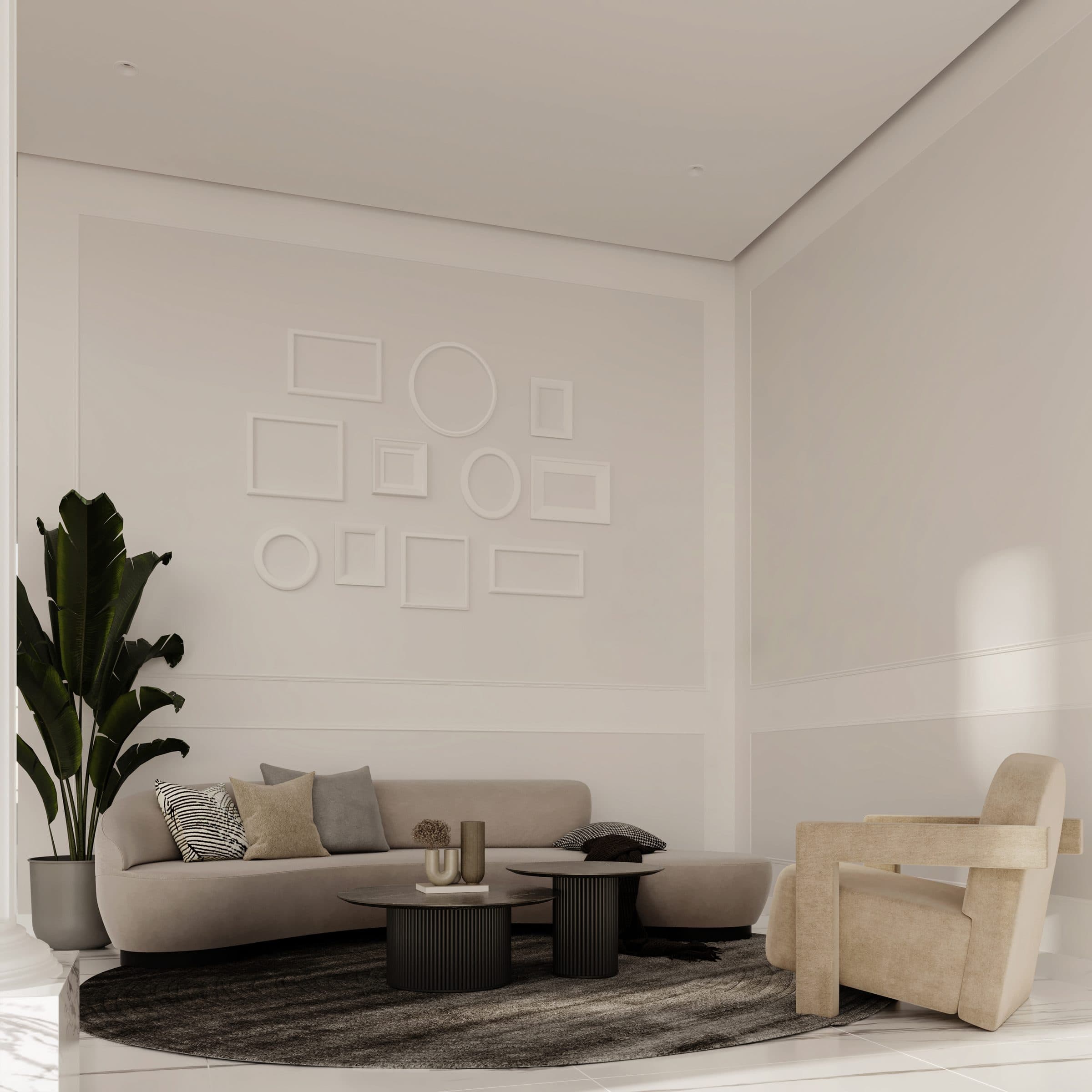 Design visualisation of the entrance seating with a panelled wall, by LKYOOB