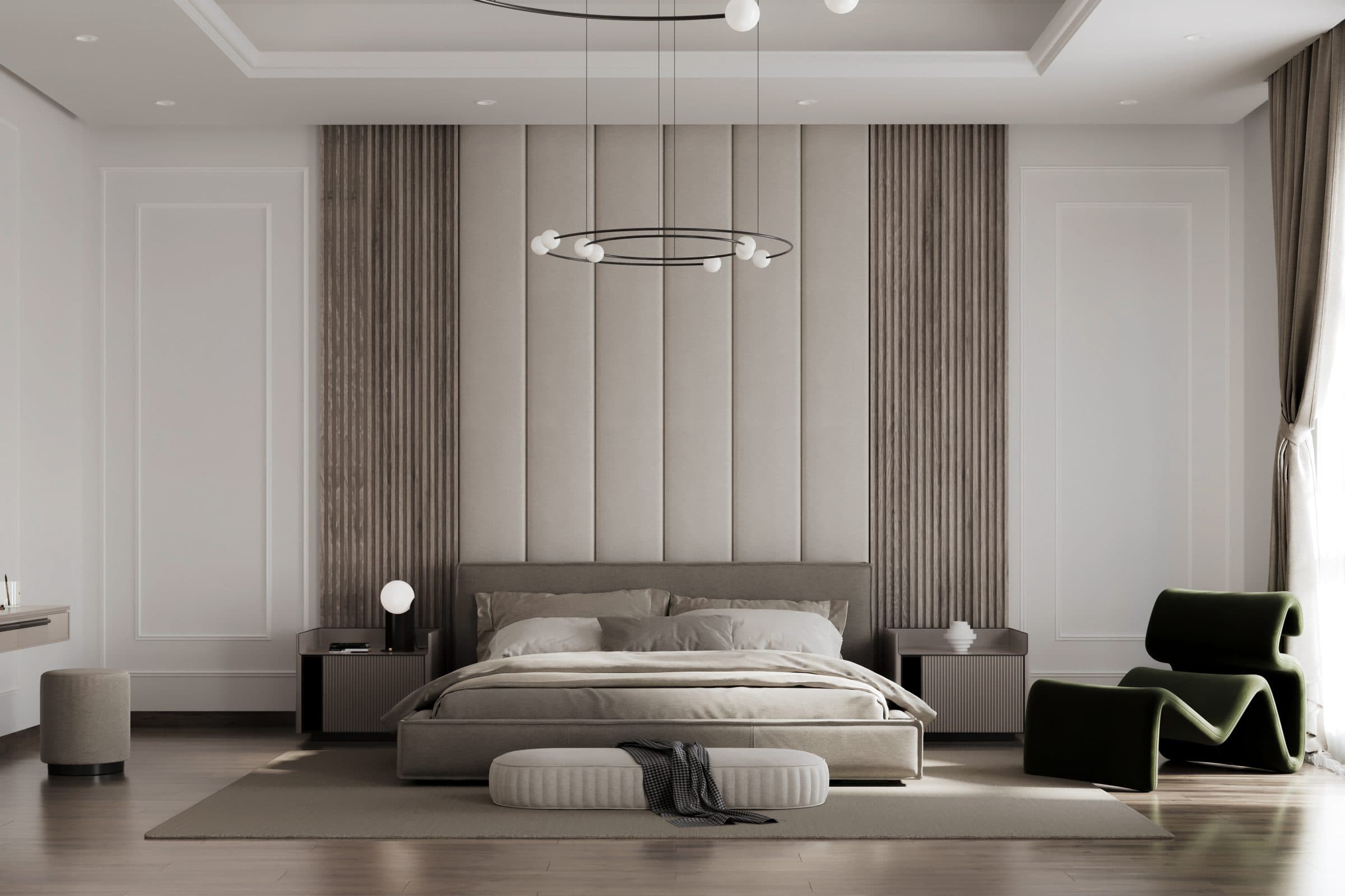 Design visualisation of the master bedroom with panelled walls, by LKYOOB