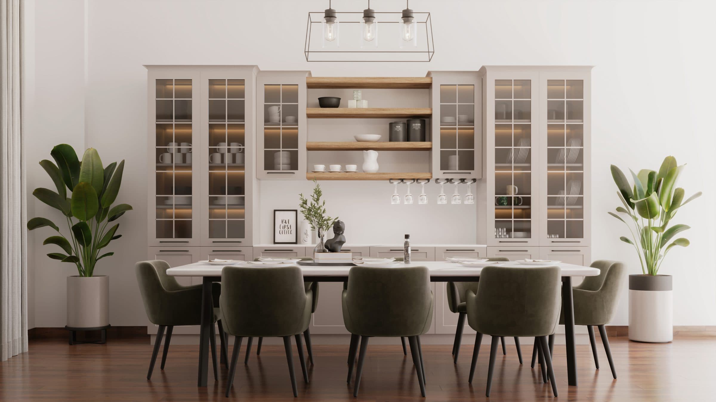 Design visualisation of the show kitchen with green upholstered chairs, by LKYOOB