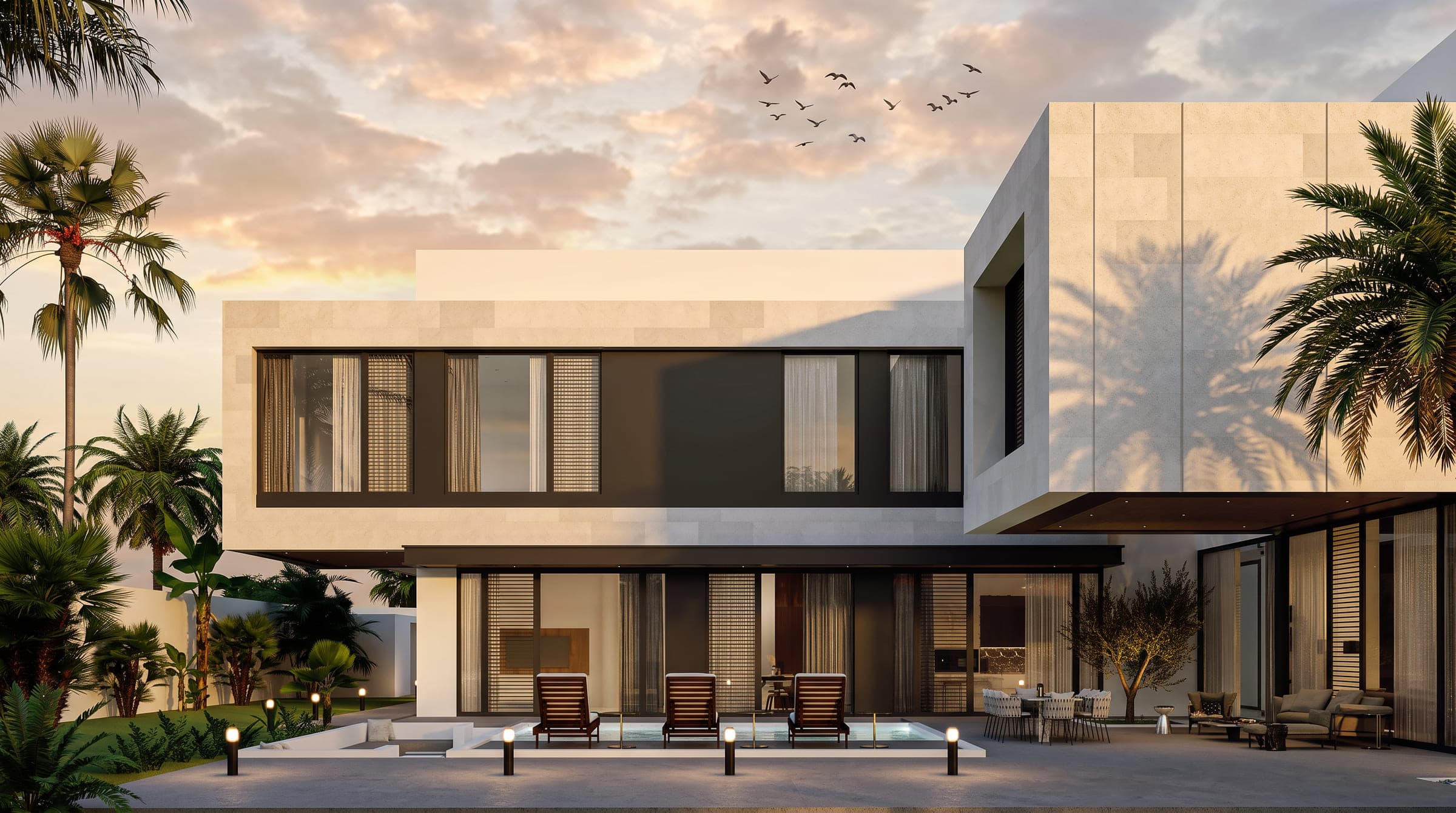 Cubic Void Villa from the pool terrace, a white and stone villa with a shaded ground floor, a LKYOOB design visualisation