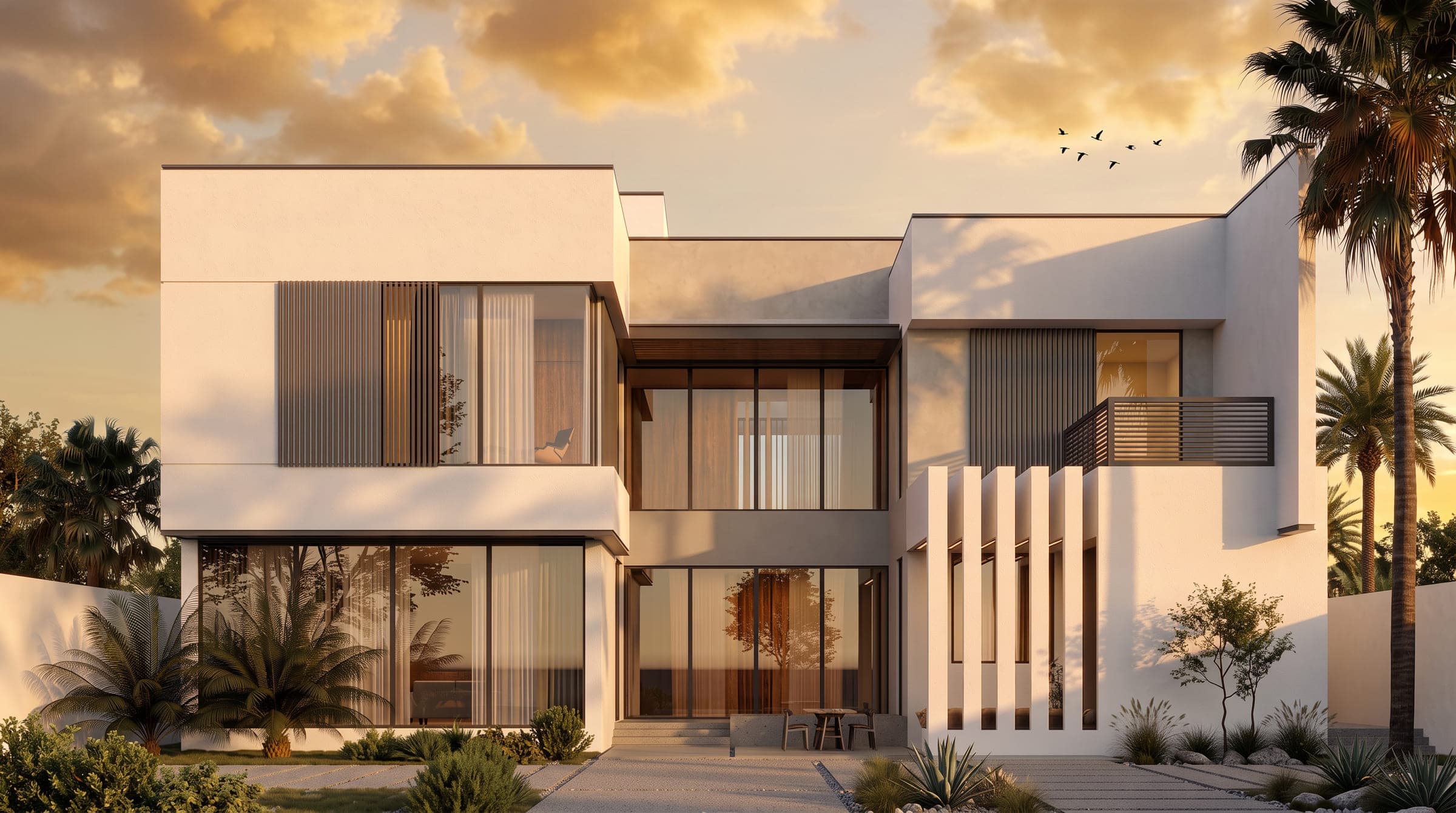 Desert Geometry Villa from the garden at sunset, white volumes with timber louvres above a glazed ground floor, a LKYOOB design visualisation