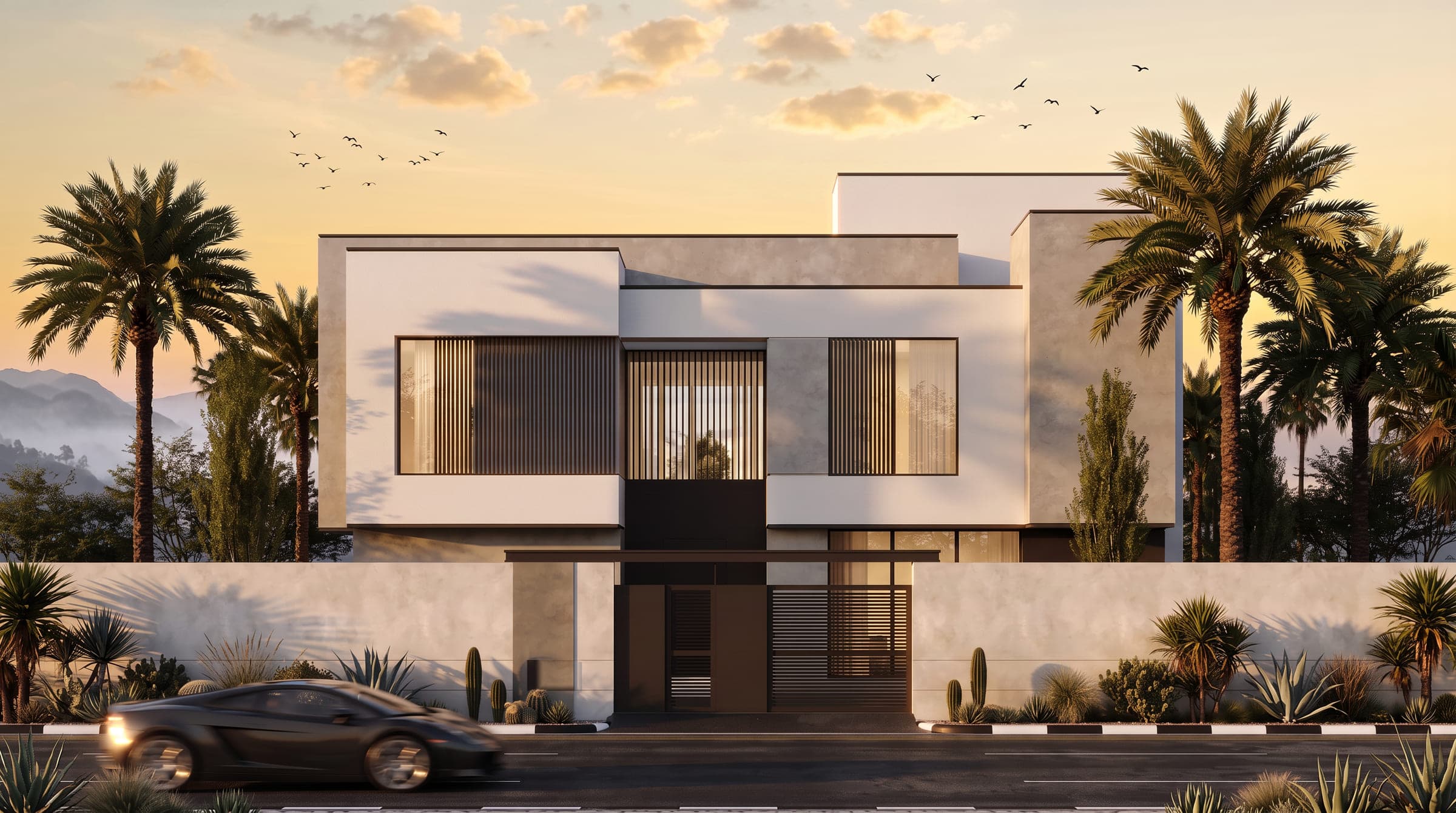 Desert Geometry Villa from the street, white volumes with timber screens behind desert planting, a LKYOOB design visualisation