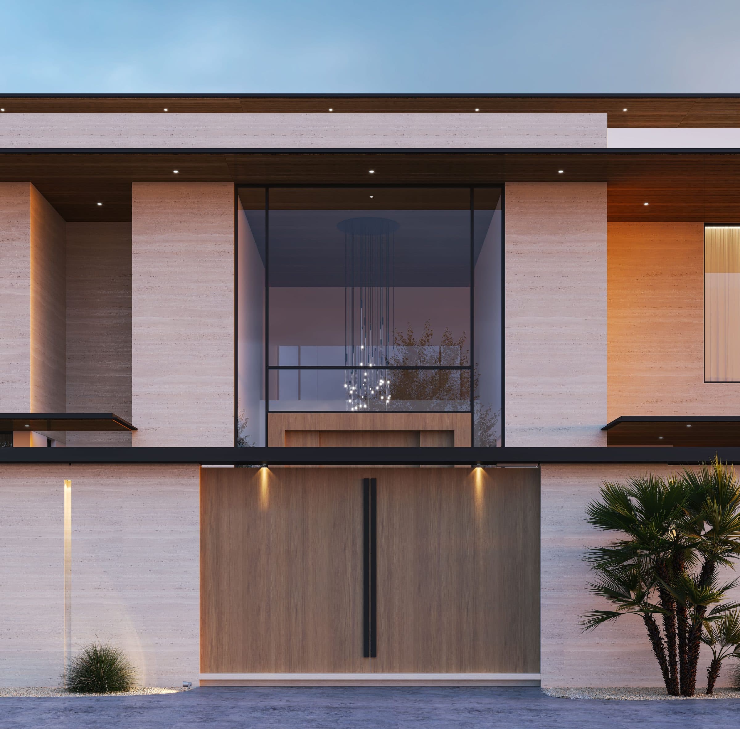Design visualisation of the entrance front at dusk, the timber door lit under the fascia, by LKYOOB