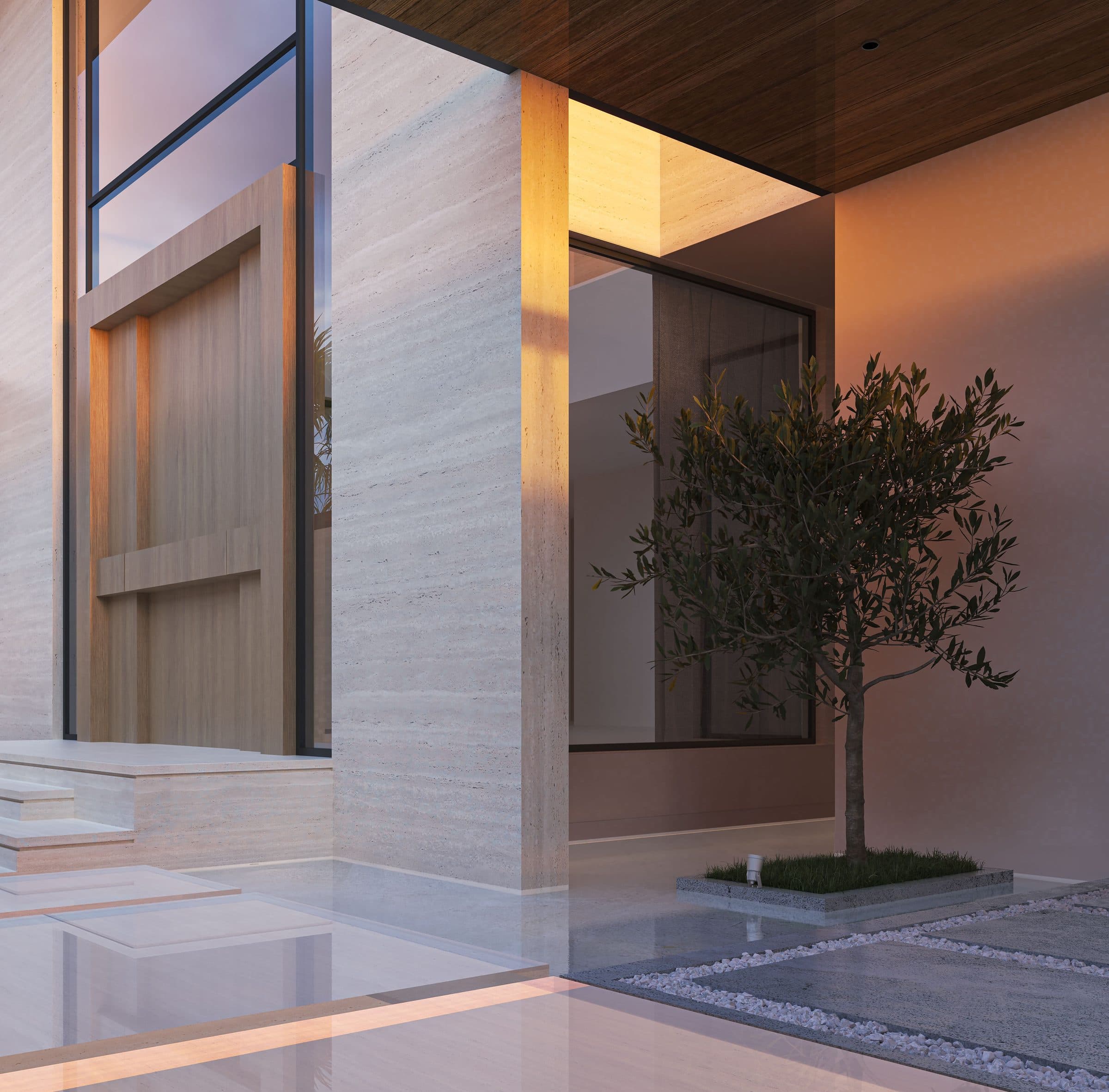 Design visualisation of the entrance court at dusk with an olive tree and a water channel, by LKYOOB