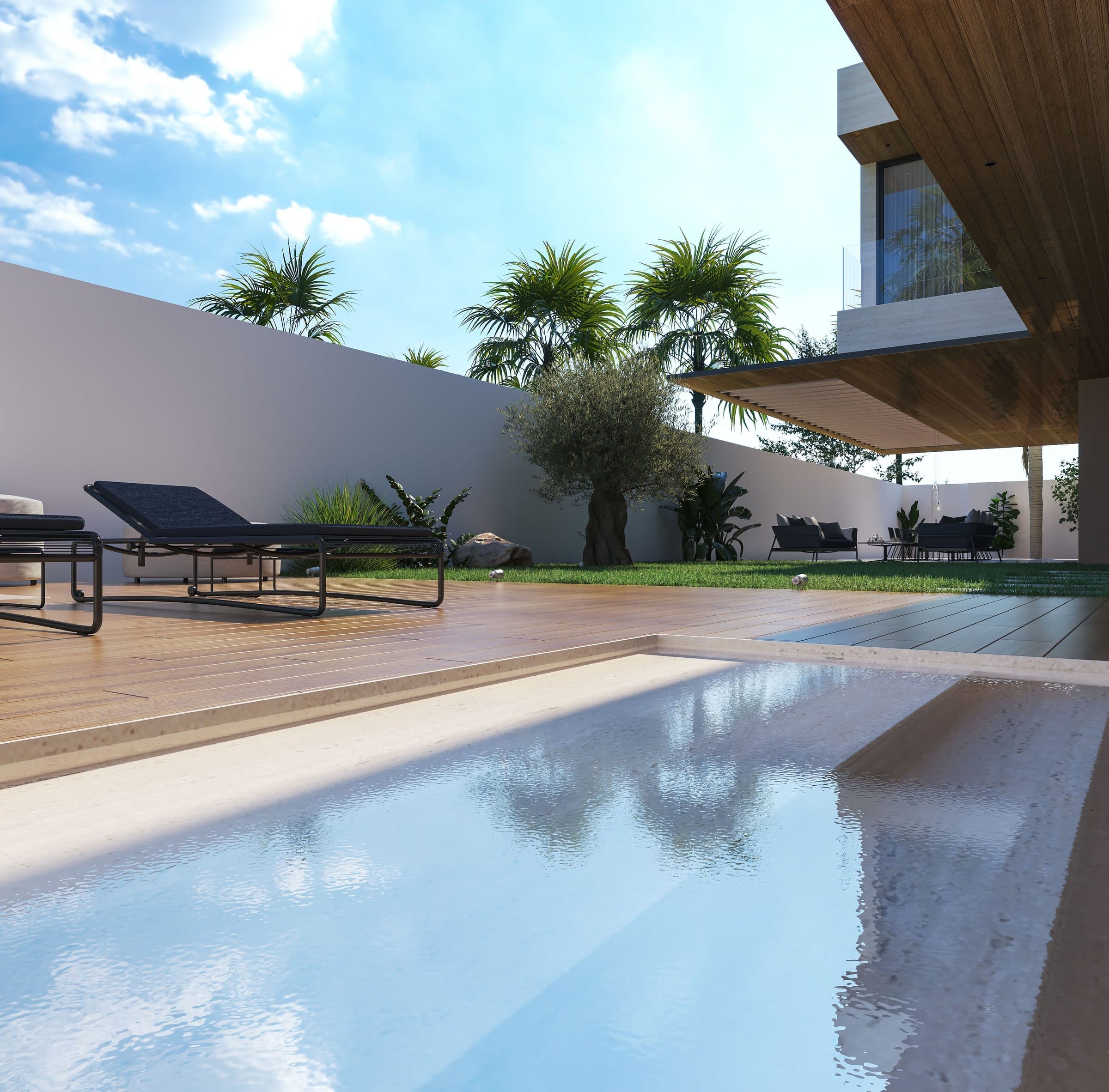 Design visualisation of the pool with loungers, an olive tree and palms, by LKYOOB