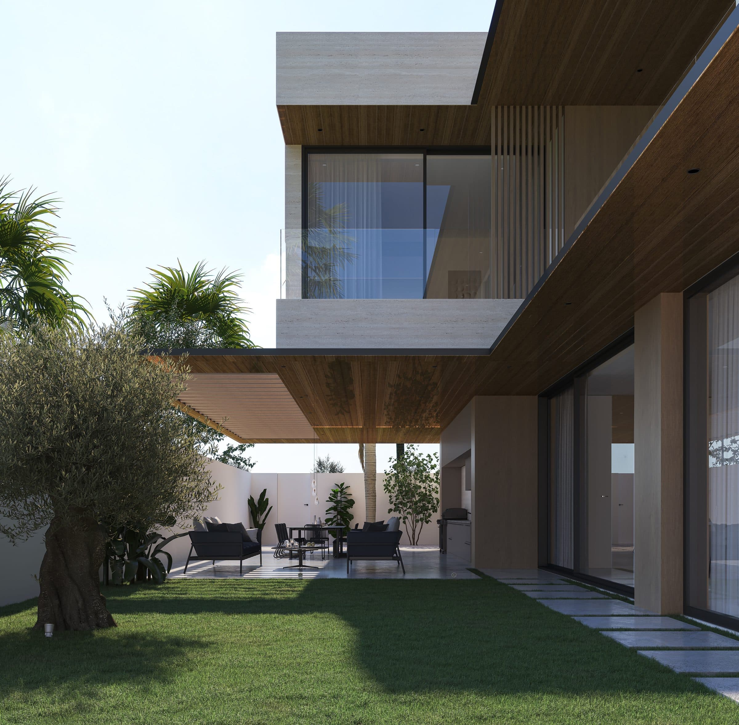 Design visualisation of the garden court with lawn, stepping stones and an outdoor lounge, by LKYOOB