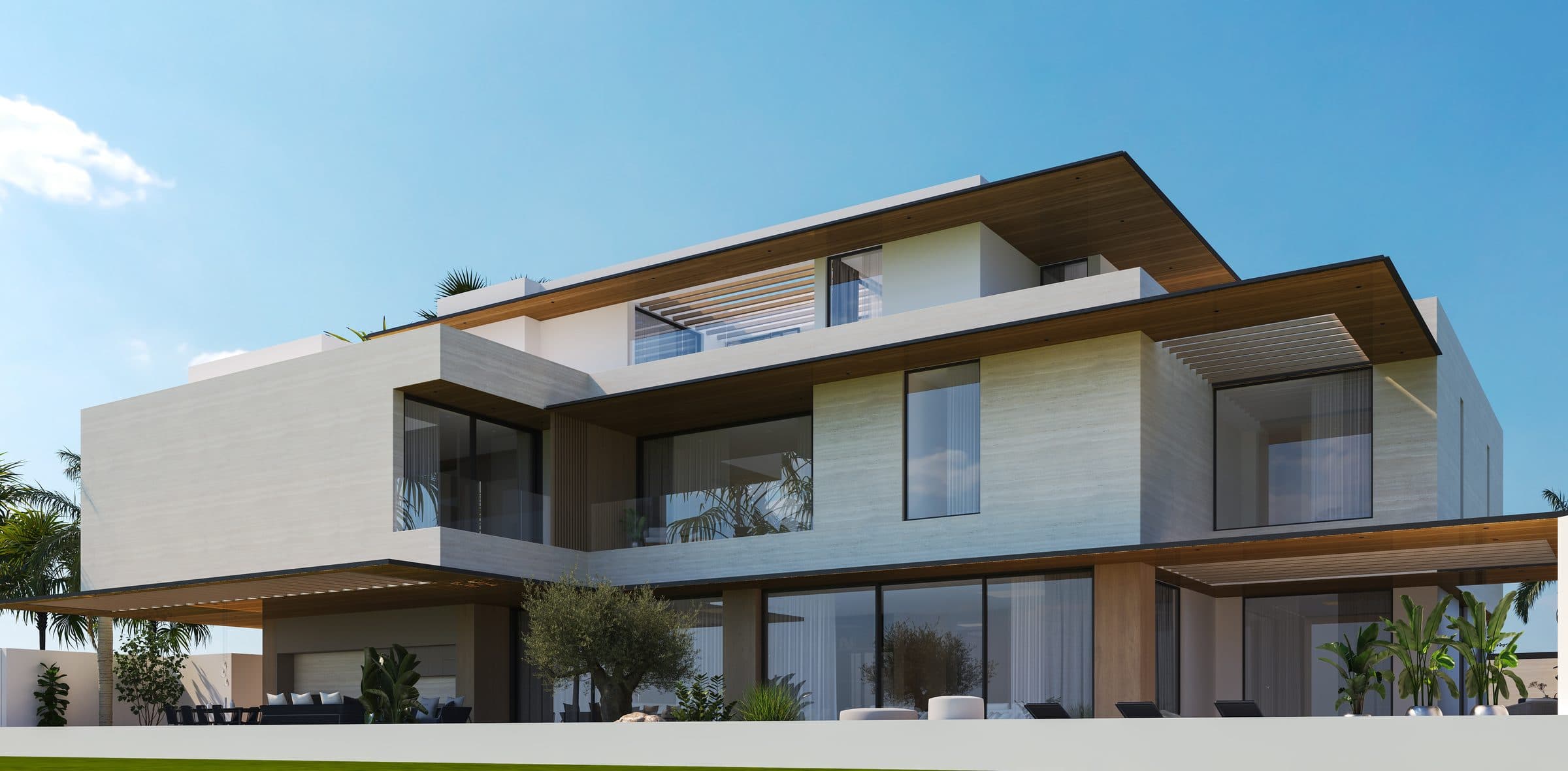Design visualisation of the side elevation in daylight, travertine and timber under dark fascias, by LKYOOB