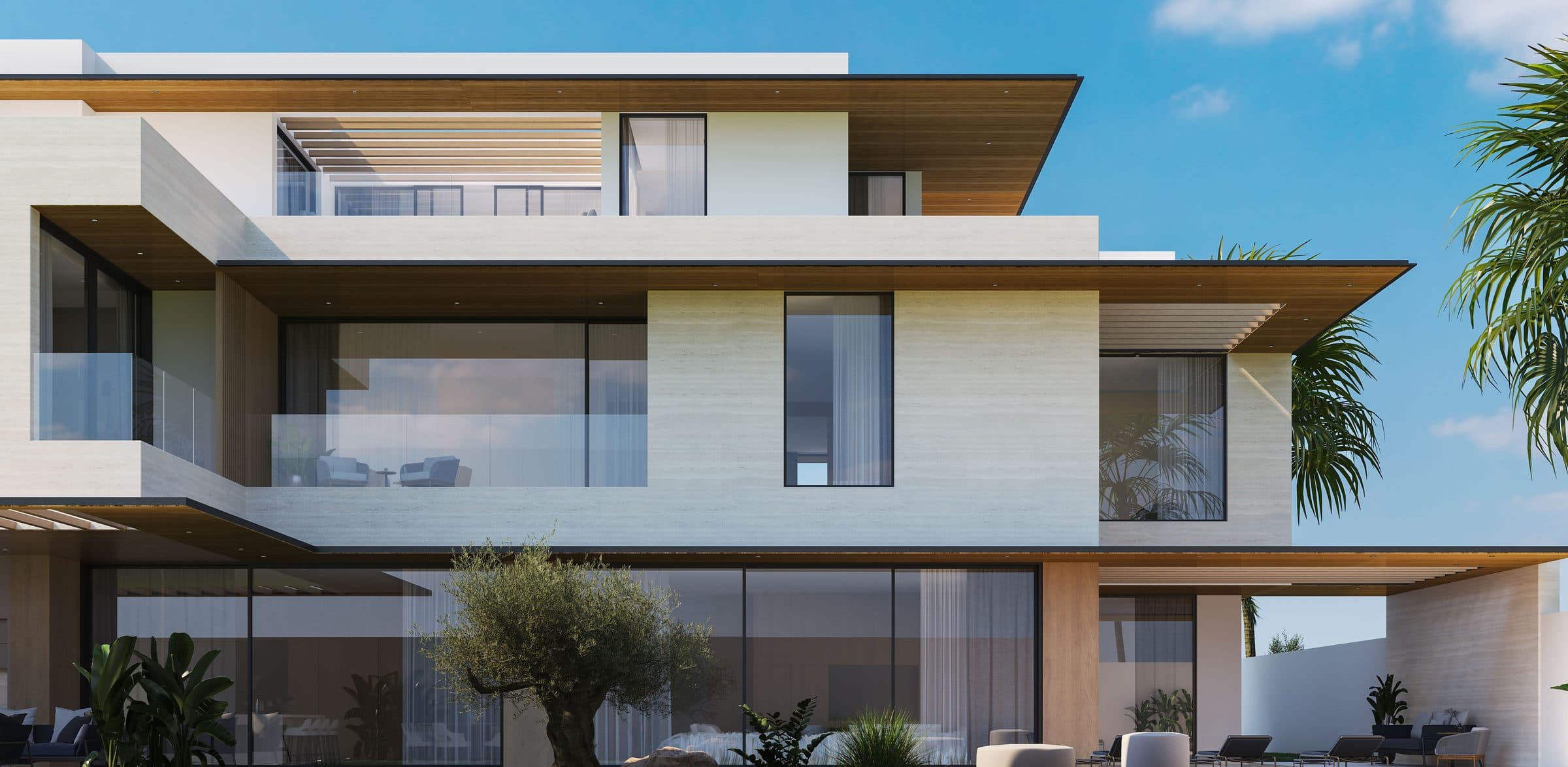 Design visualisation of the garden elevation in daylight, glazed rooms opening to the lawn and pool, by LKYOOB