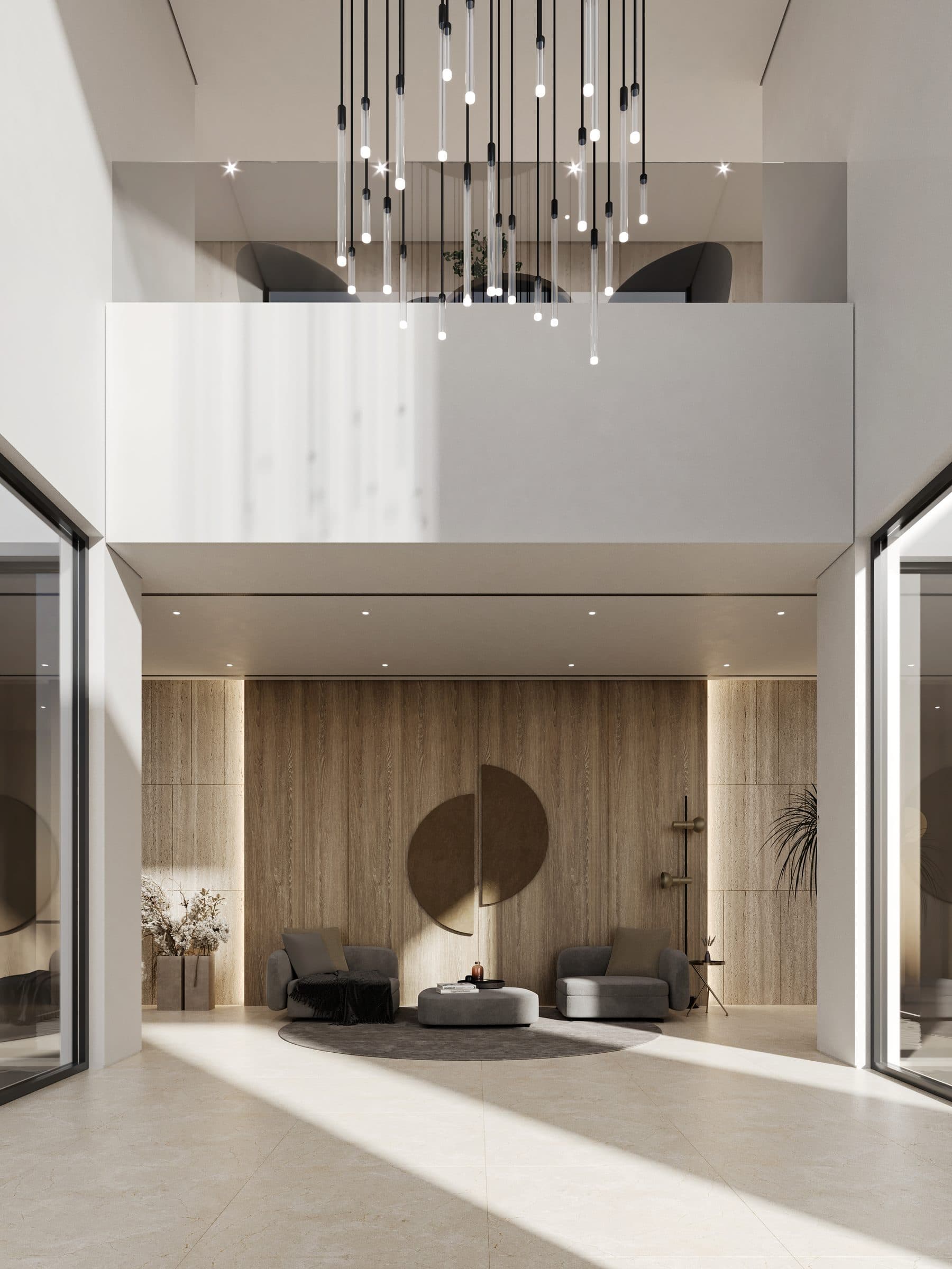 Design visualisation of the double-height entrance hall under a chandelier, by LKYOOB