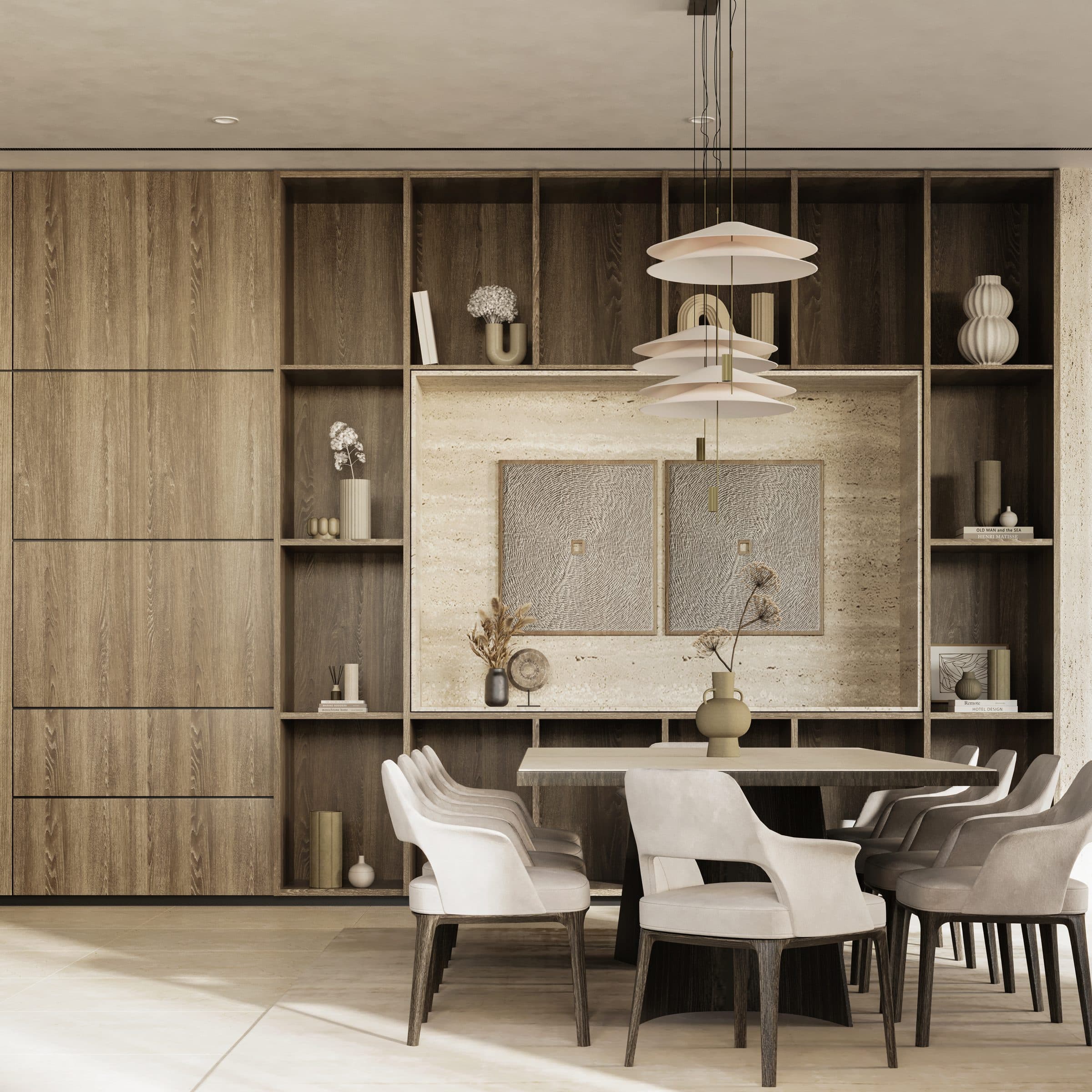 Design visualisation of the great room with dining and shelving under pendants, by LKYOOB