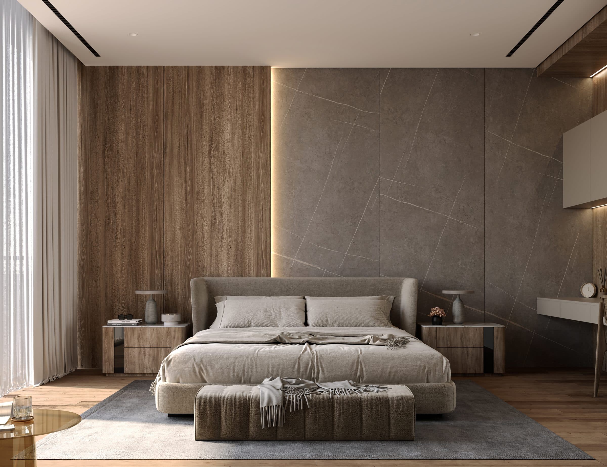 Design visualisation of the master bedroom with a low bed and timber wall, by LKYOOB