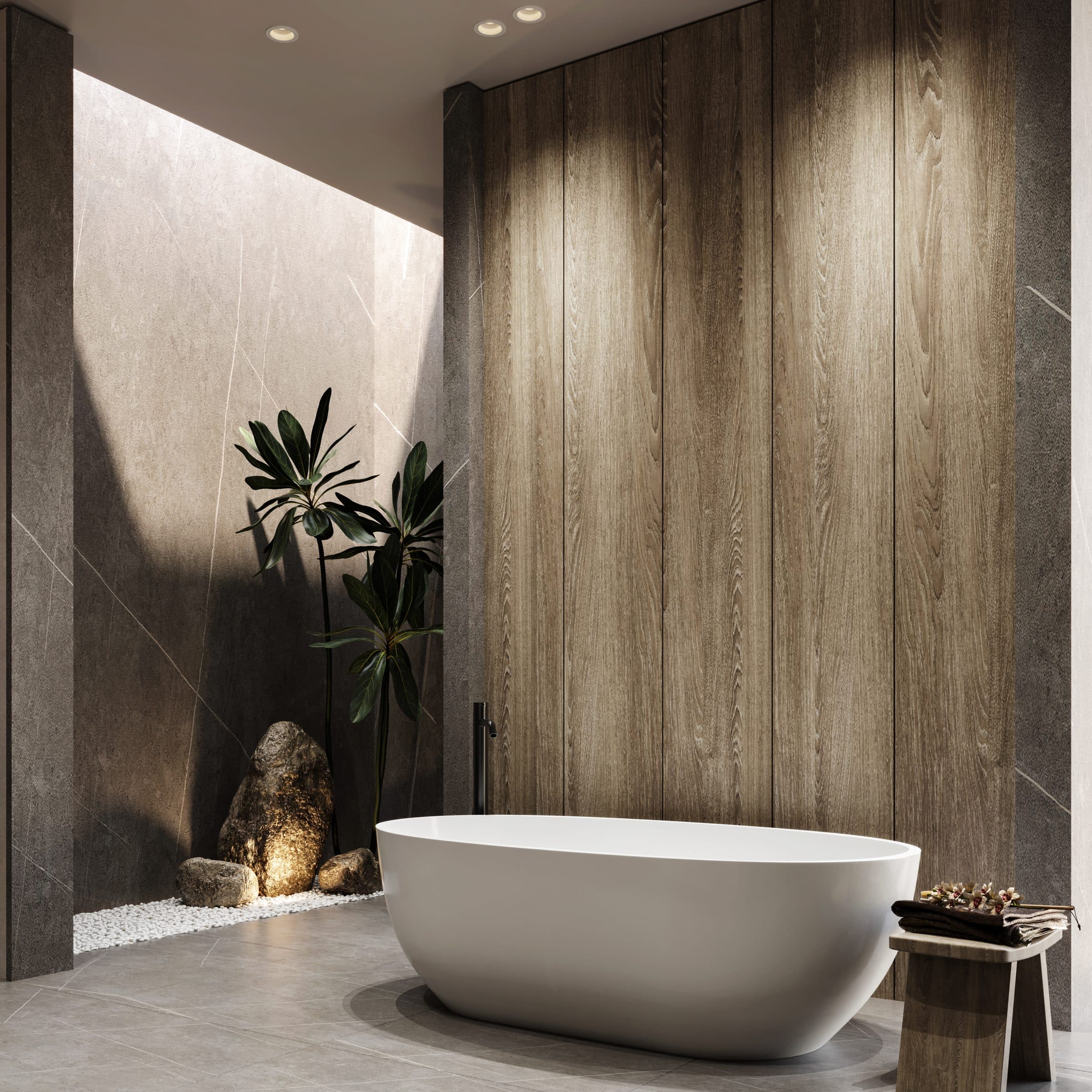 Design visualisation of the master bathroom in pale stone, by LKYOOB
