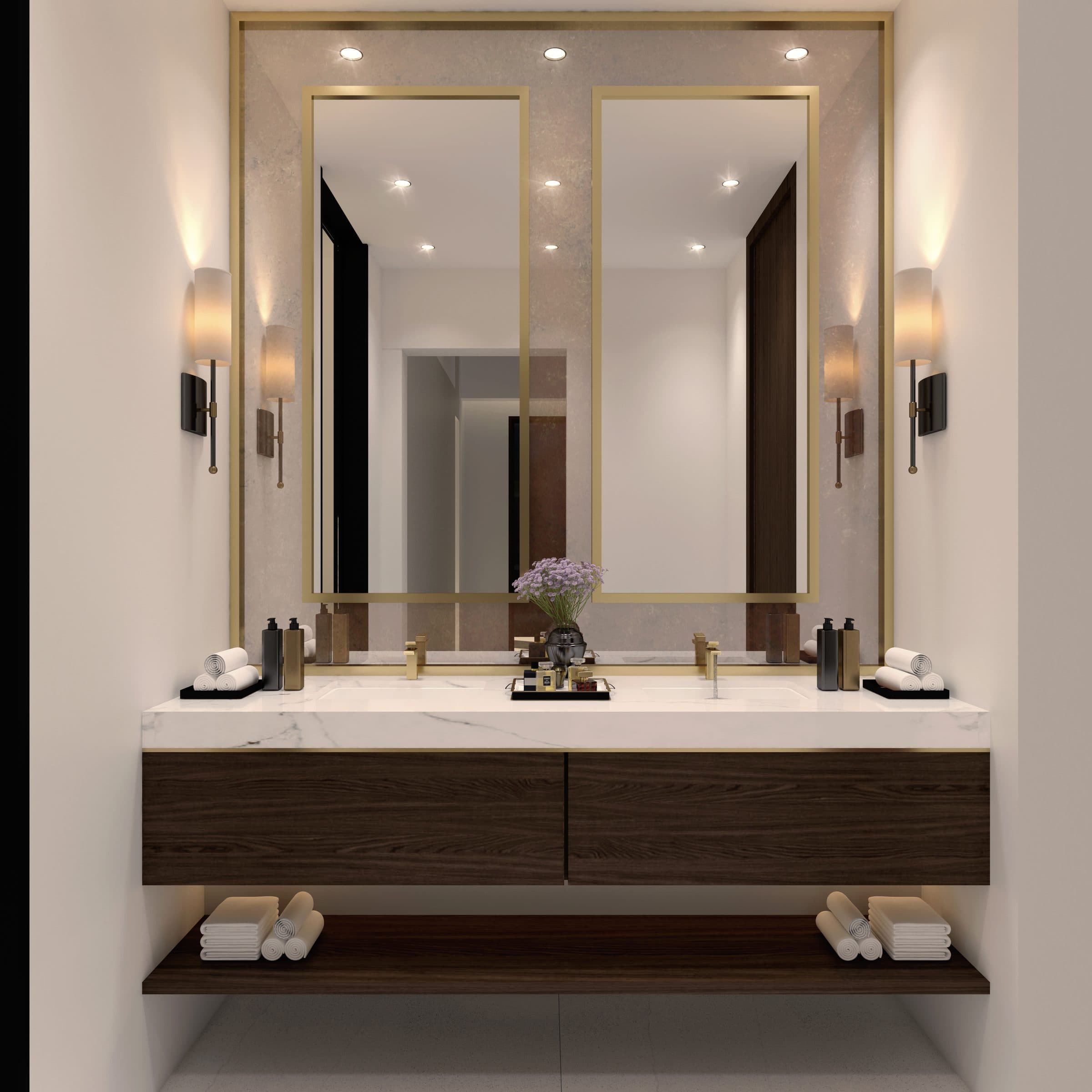 Design visualisation of the powder room with twin mirrors, by LKYOOB