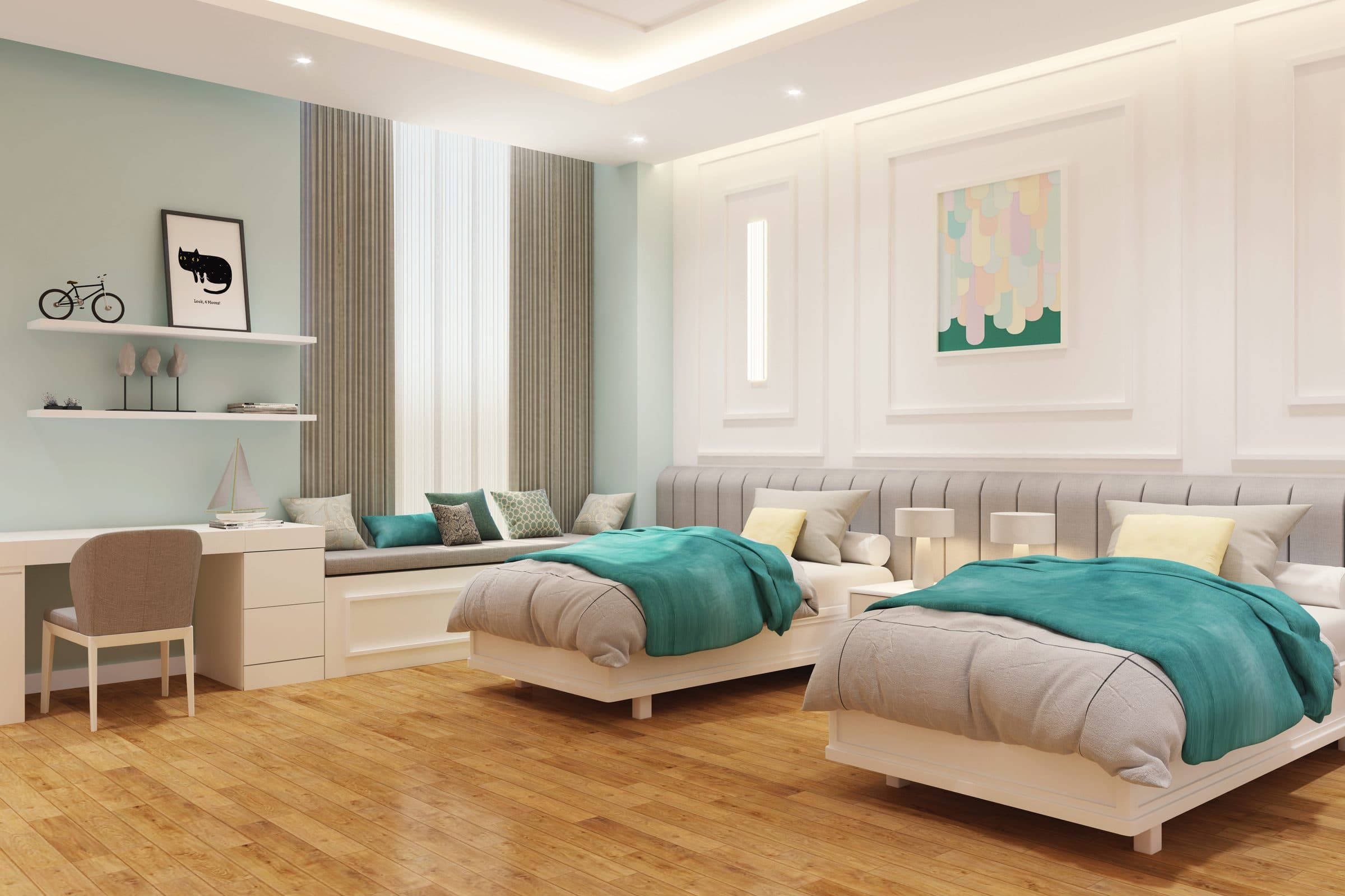 Design visualisation of a children's bedroom with twin beds, by LKYOOB
