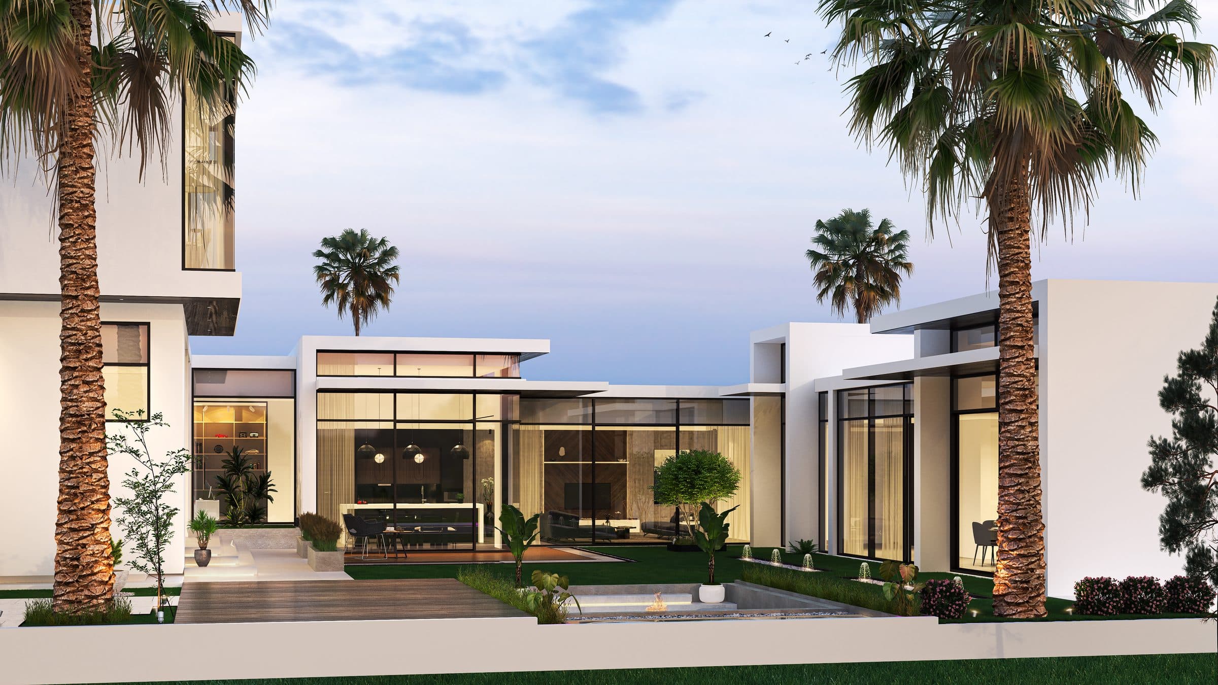 Design visualisation of the pavilions from the pool terrace at dusk, by LKYOOB