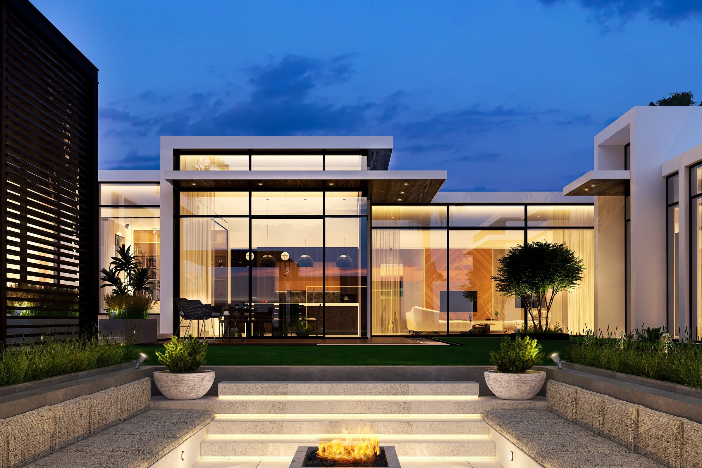 Design visualisation of the sunken fire pit court with steps up to the glazed living pavilion, by LKYOOB