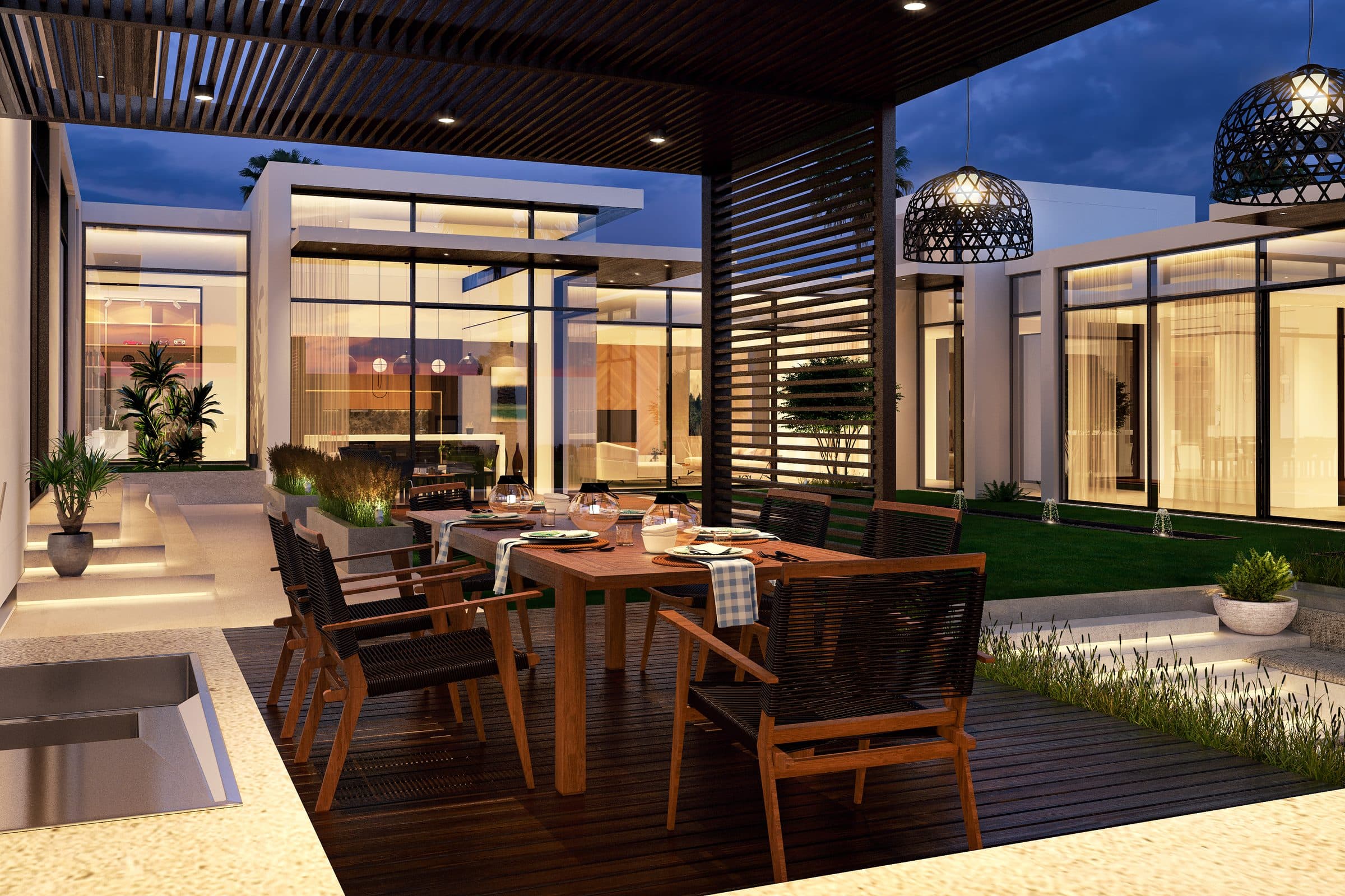 Design visualisation of the pergola dining terrace with wicker pendant lights, by LKYOOB