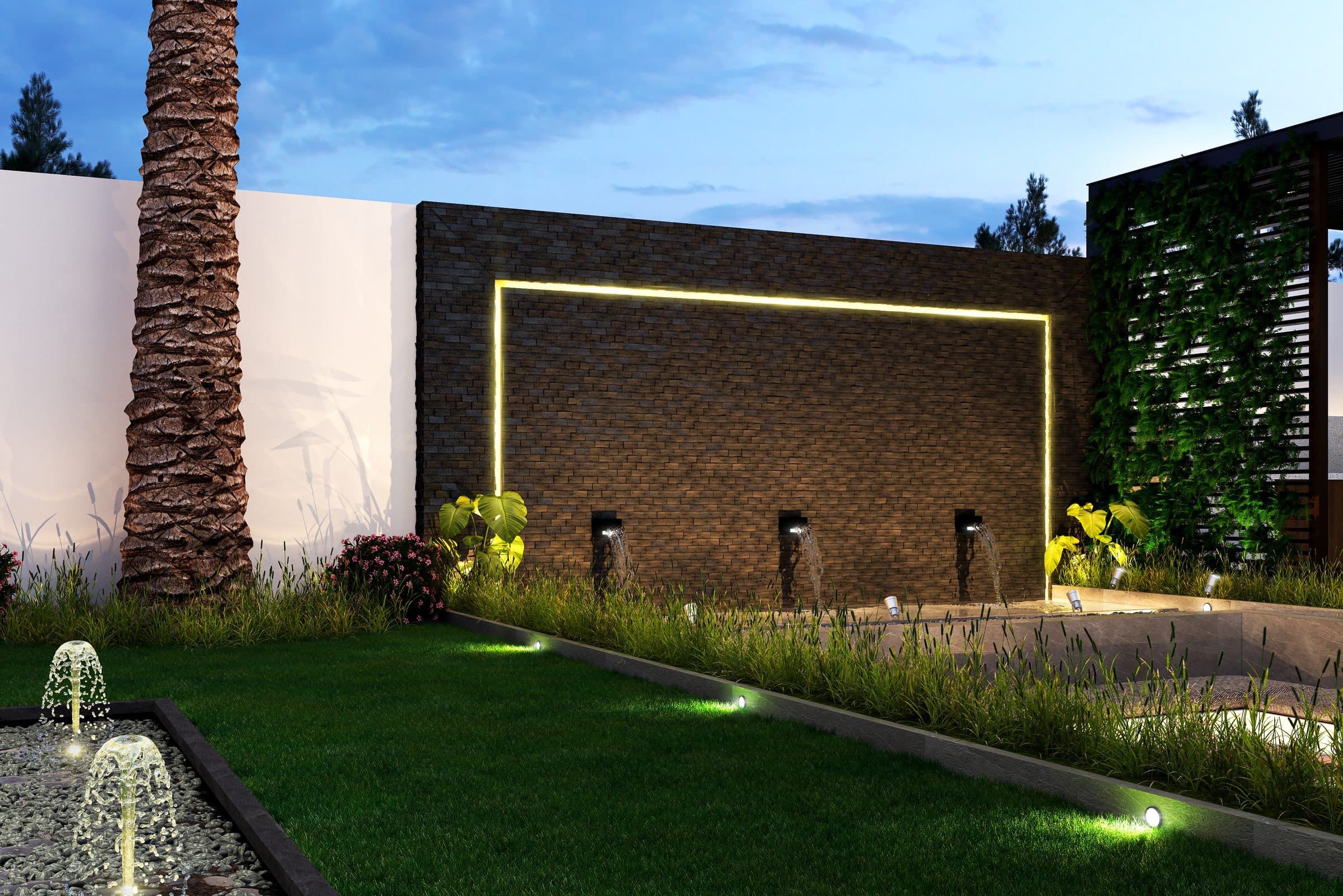 Design visualisation of the garden water wall with a lit stone panel, fountains and lawn, by LKYOOB