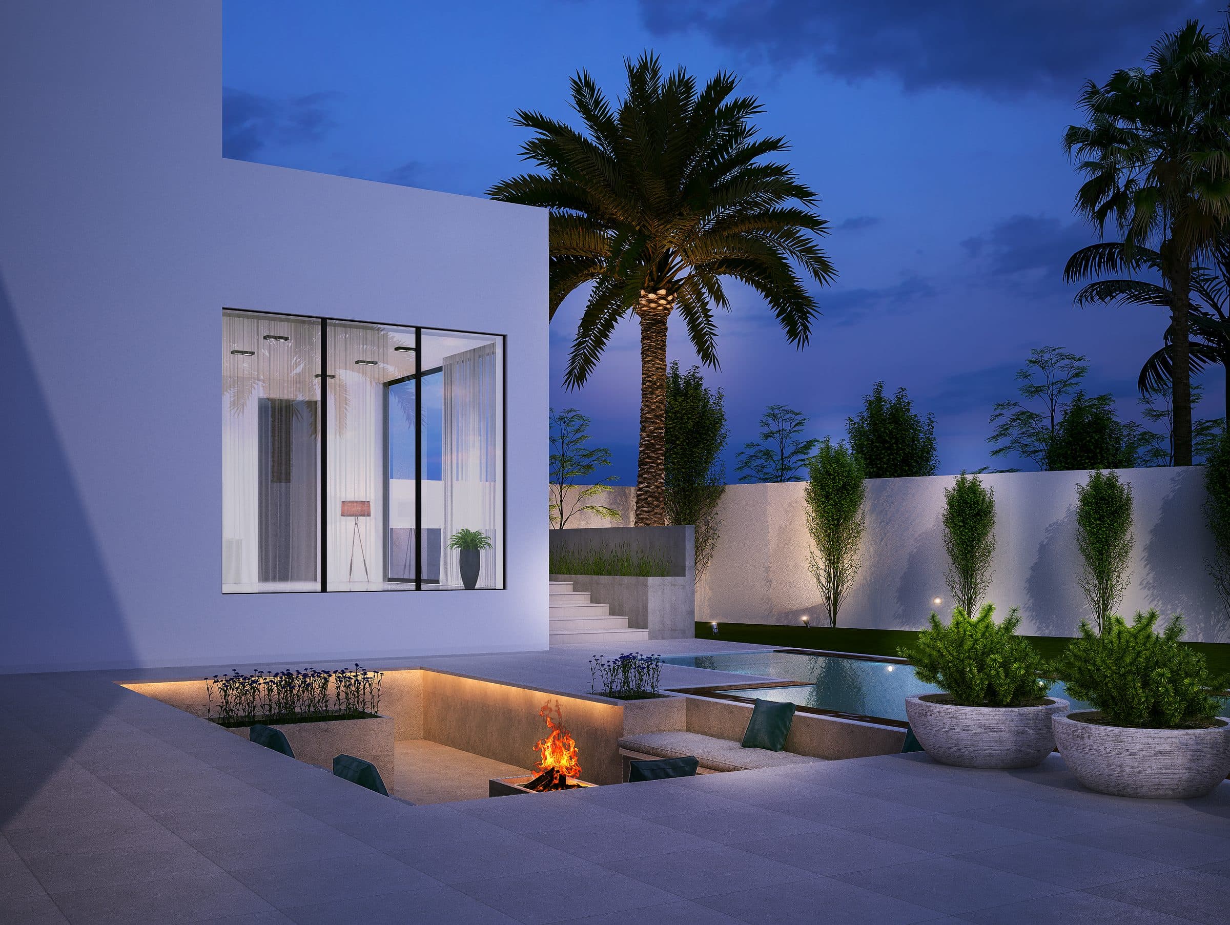 Design visualisation of the courtyard with a sunken fire pit and a raised pool under a palm at dusk, by LKYOOB