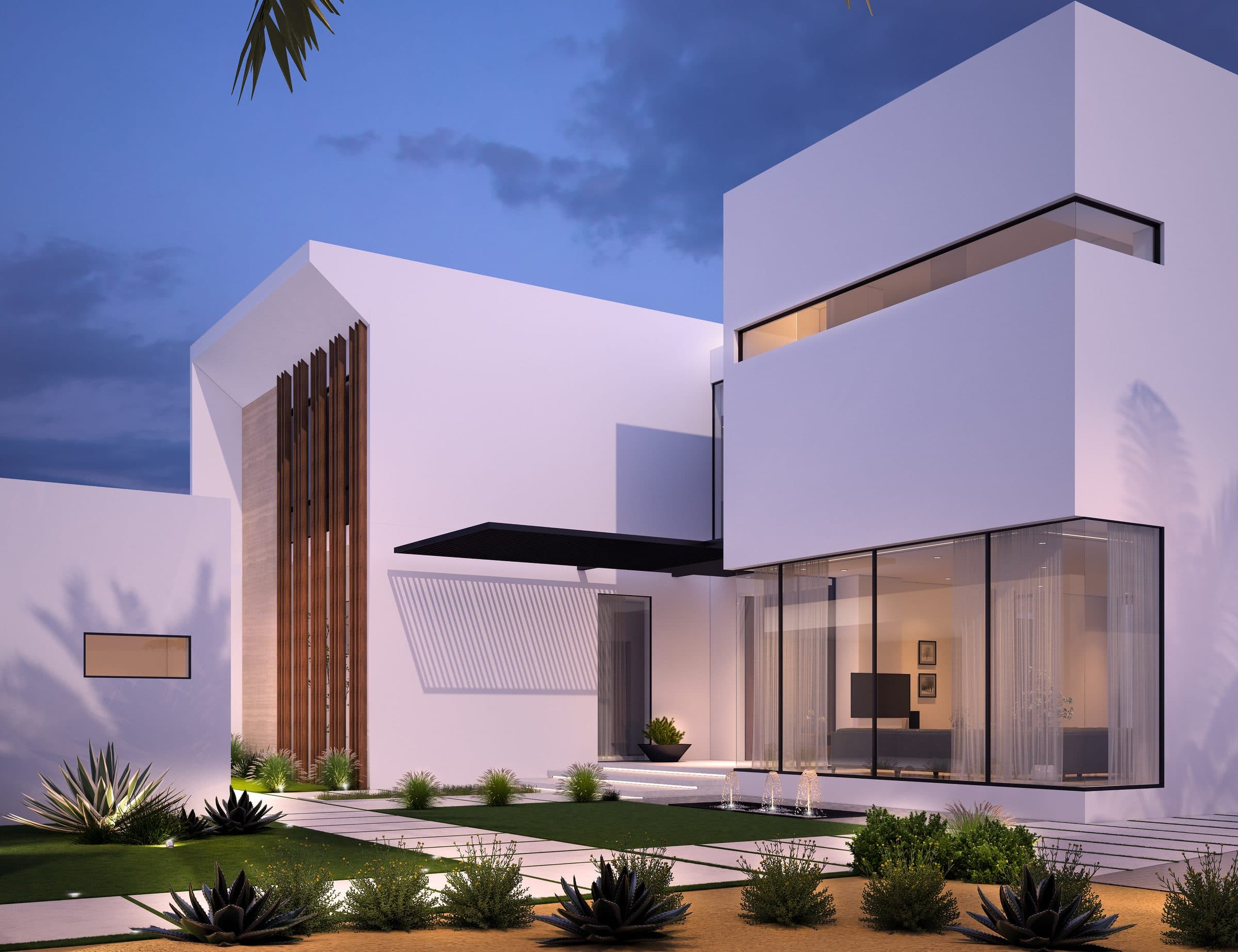 Design visualisation of the timber-slatted tower and canopy above a lawn with agaves at dusk, by LKYOOB