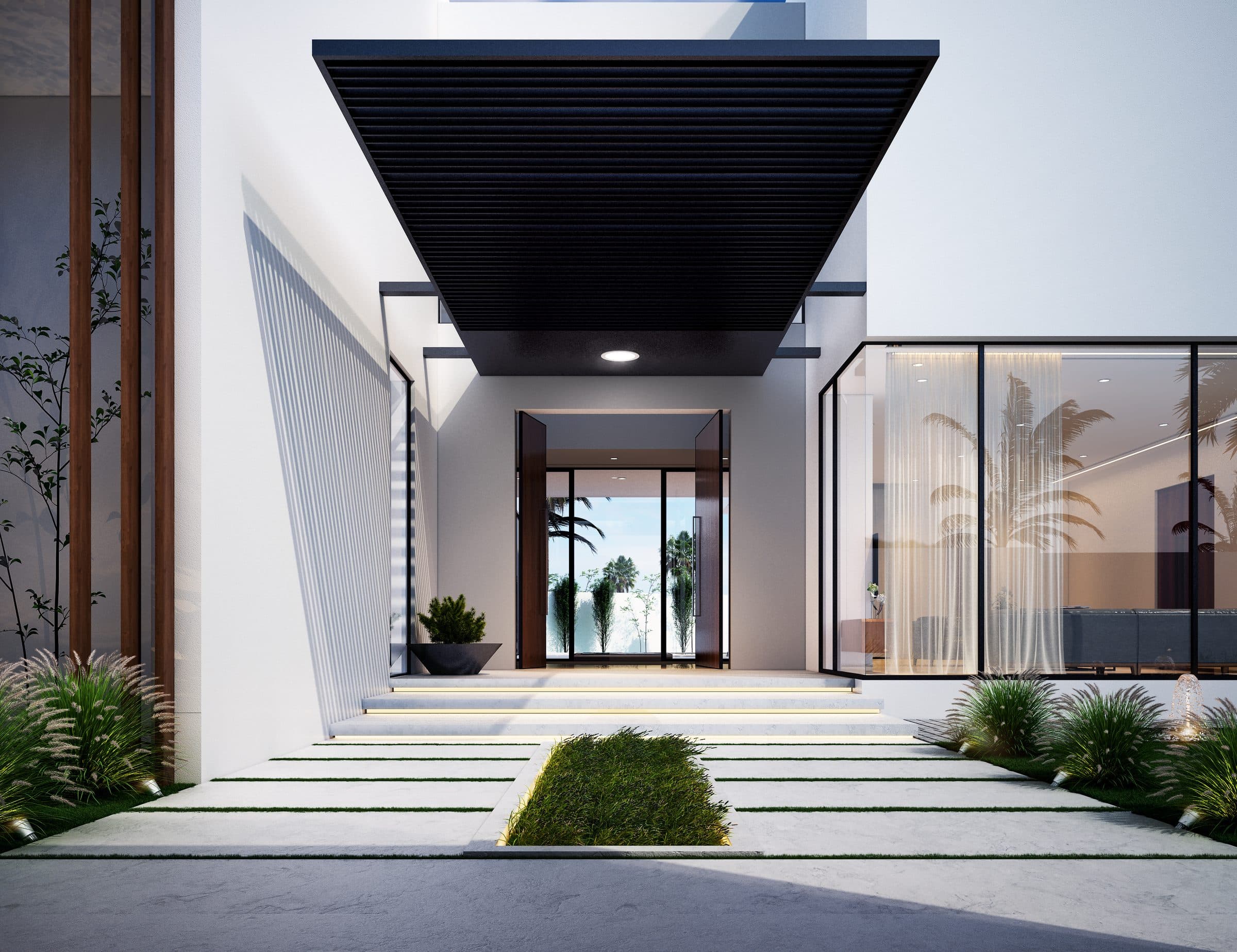 Design visualisation of the lit entrance steps under a dark canopy between timber-fin walls, by LKYOOB