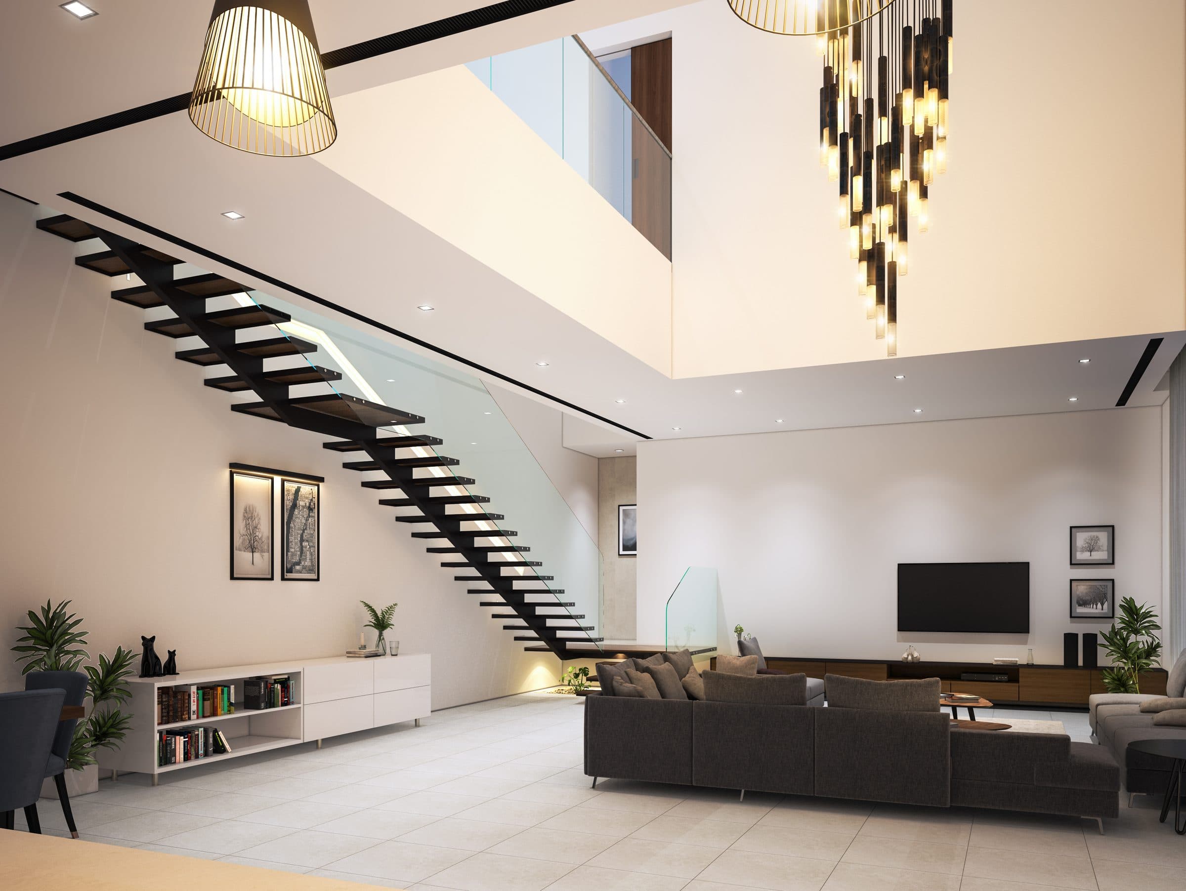 Design visualisation of the double-height hall with a floating stair and a chandelier of hanging glass rods, by LKYOOB