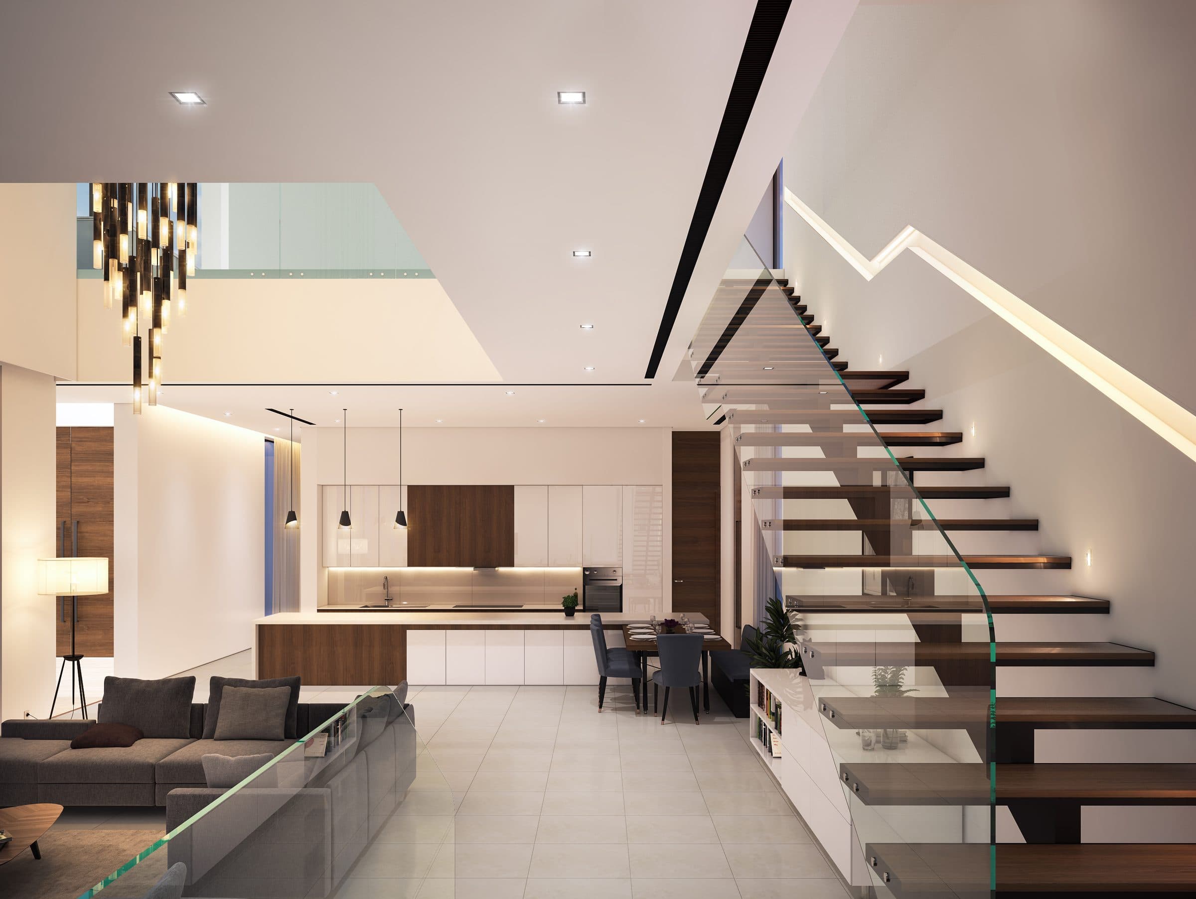 Design visualisation of the living, kitchen and dining space under the open stair with a glass balustrade, by LKYOOB