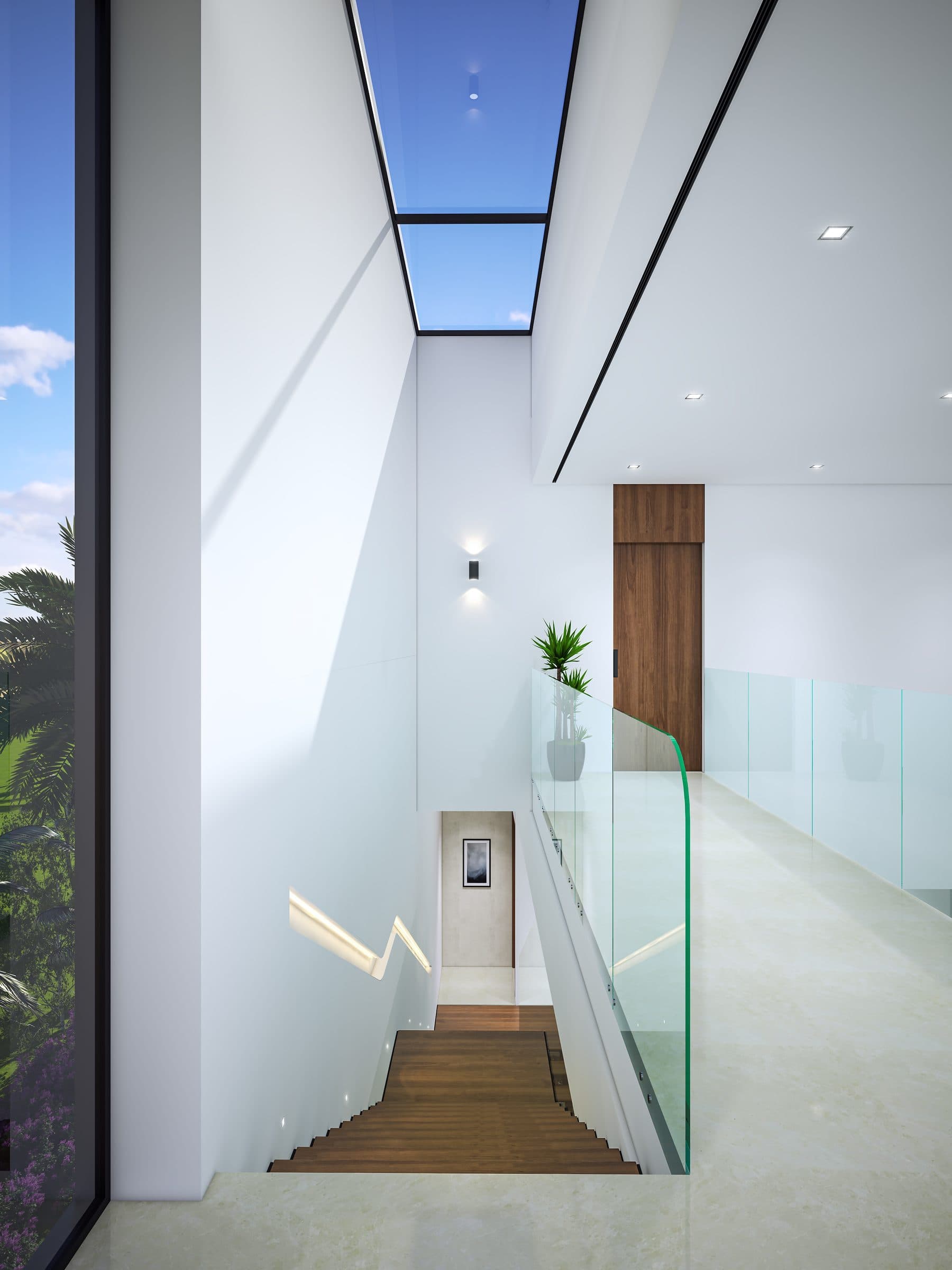 Design visualisation of the skylit corridor with a glass balustrade over the stair, by LKYOOB