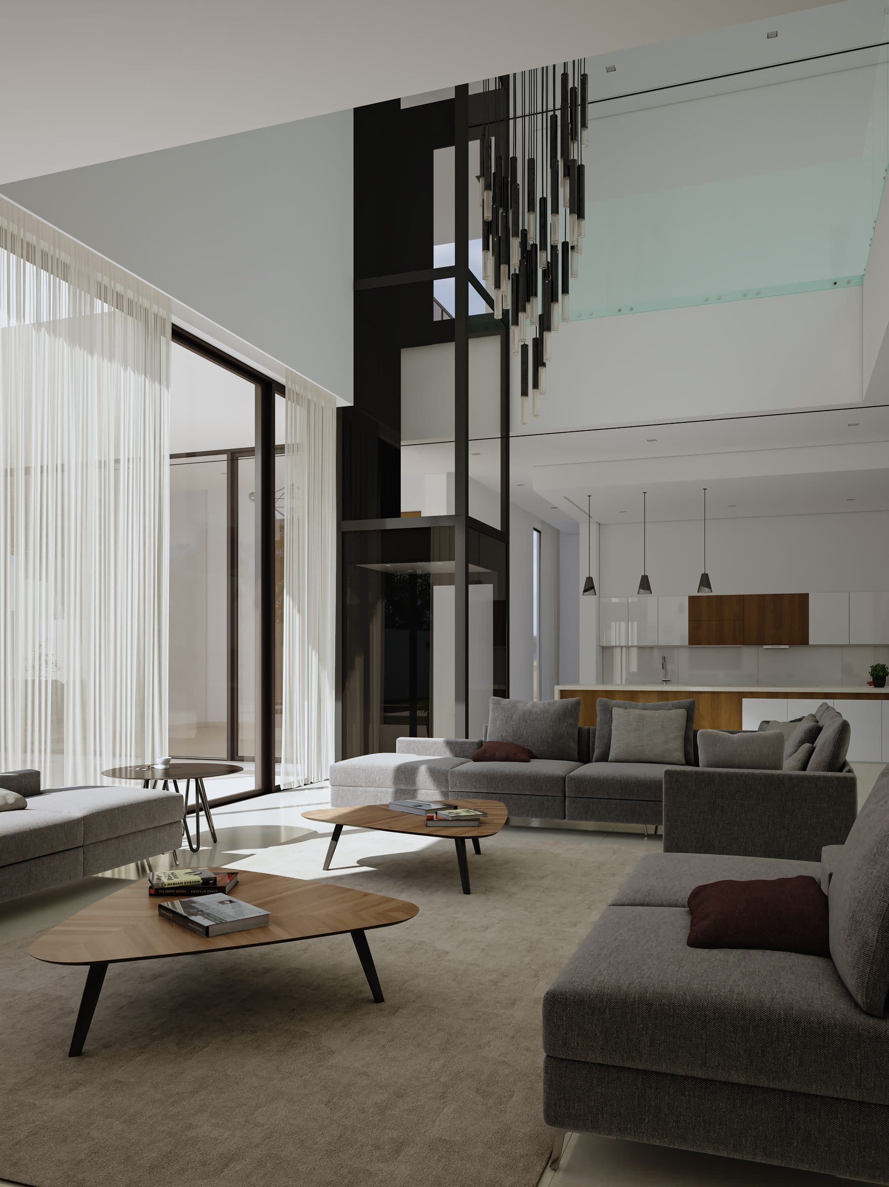 Design visualisation of the double-height living room with the chandelier and a glazed corner, by LKYOOB