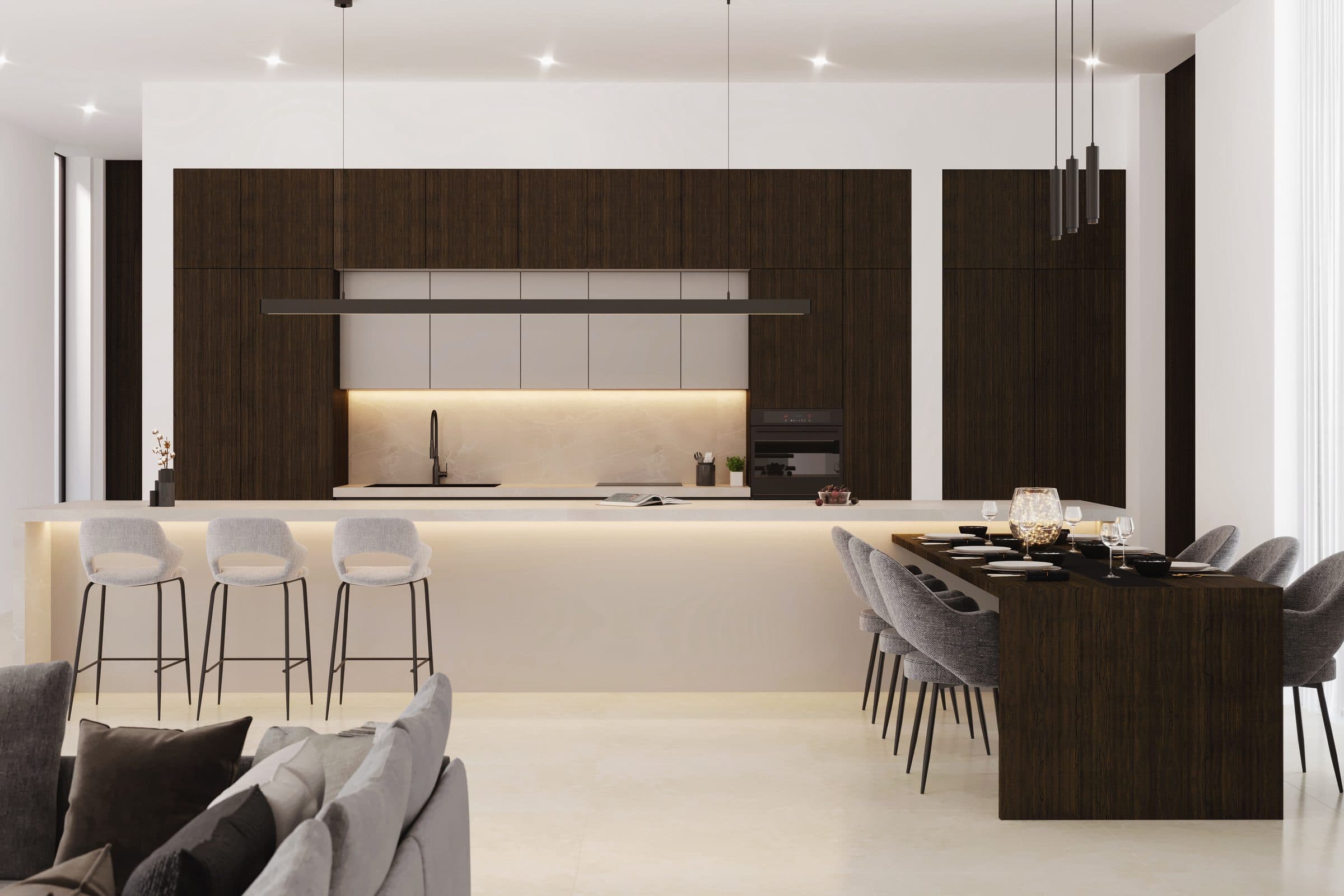 Design visualisation of the kitchen with a dark timber wall, a white island and a dining table, by LKYOOB