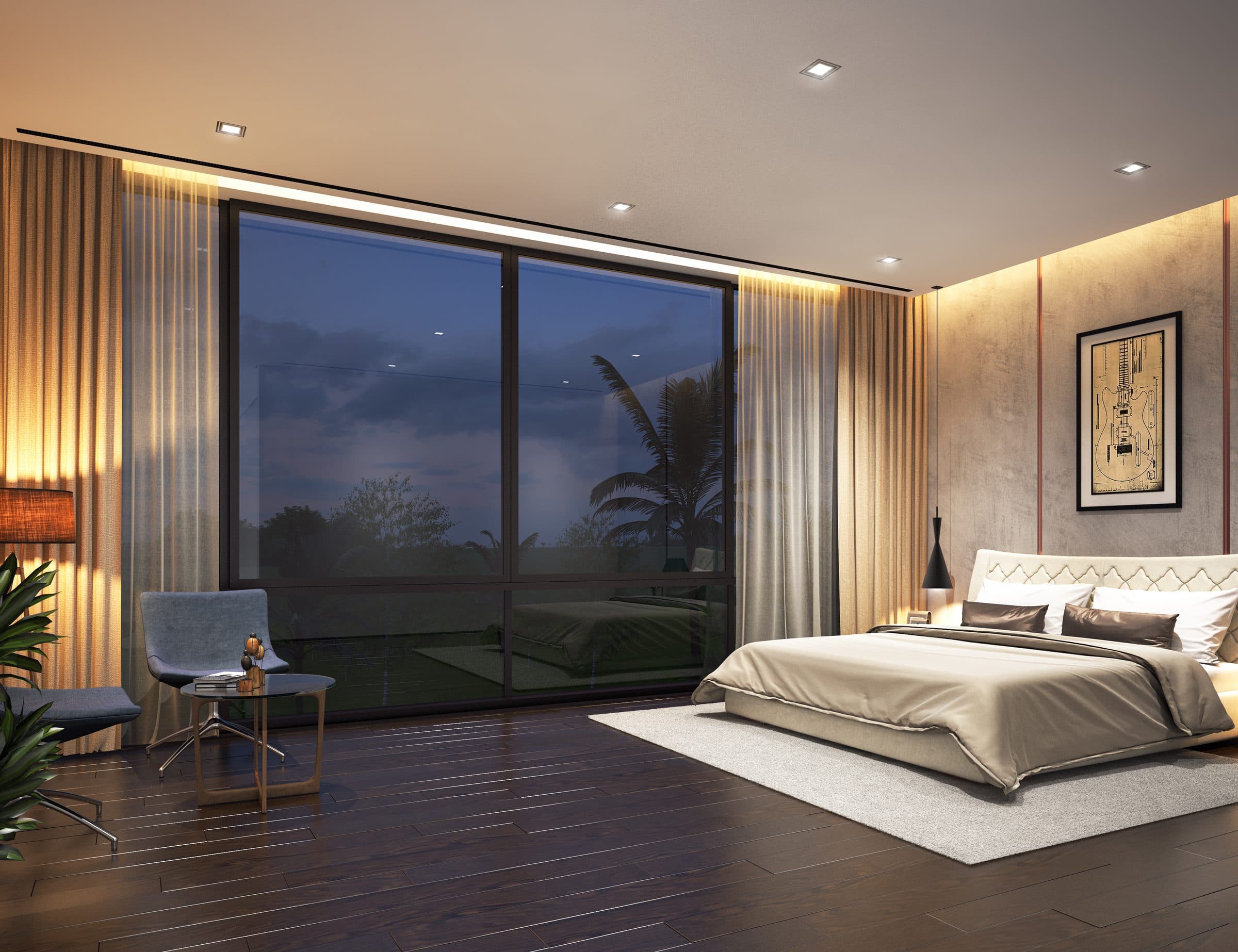 Design visualisation of a bedroom with a padded headboard wall and glazing to the garden, by LKYOOB
