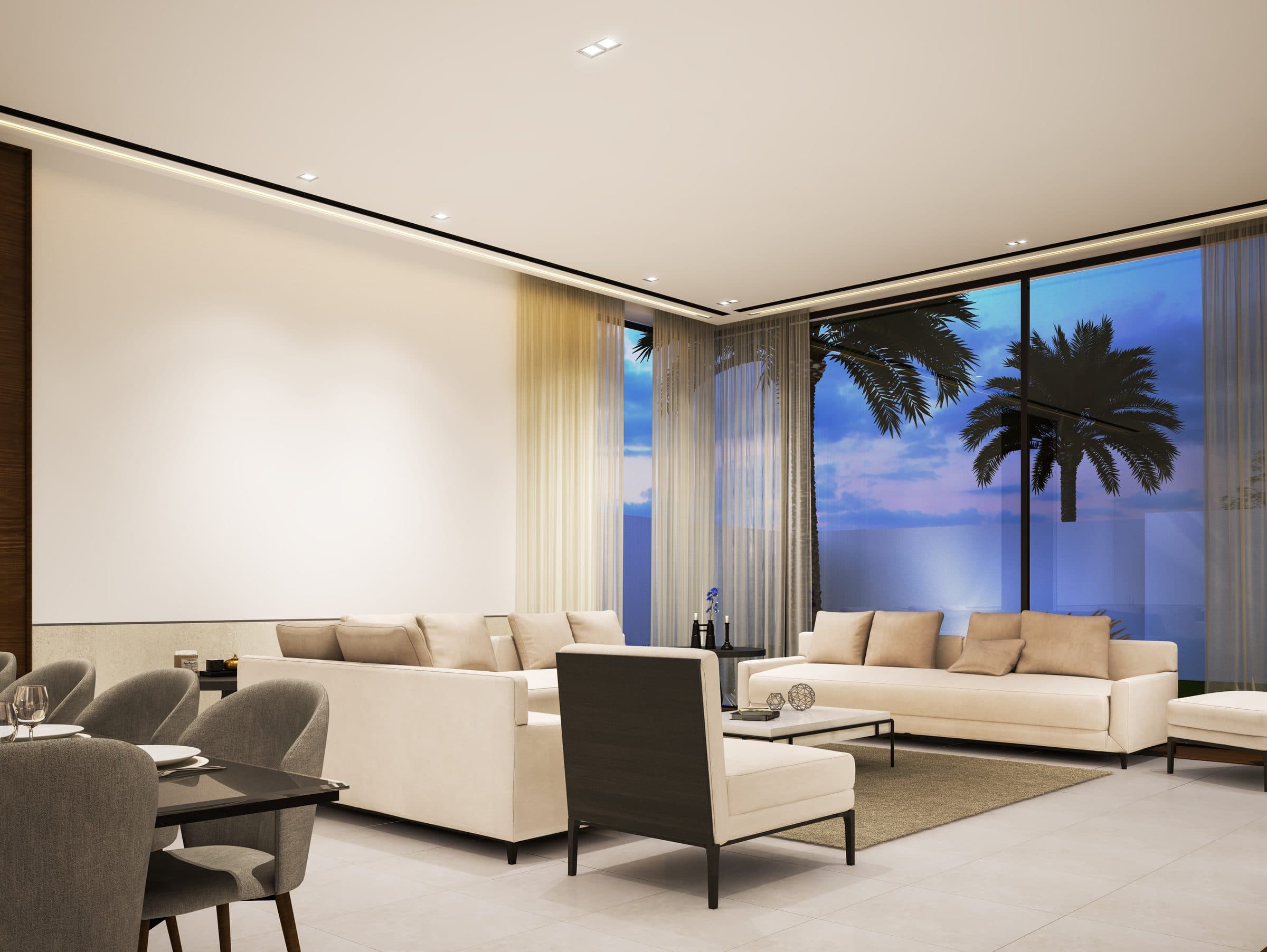 Design visualisation of the cream living room on a glazed corner with palms beyond, by LKYOOB