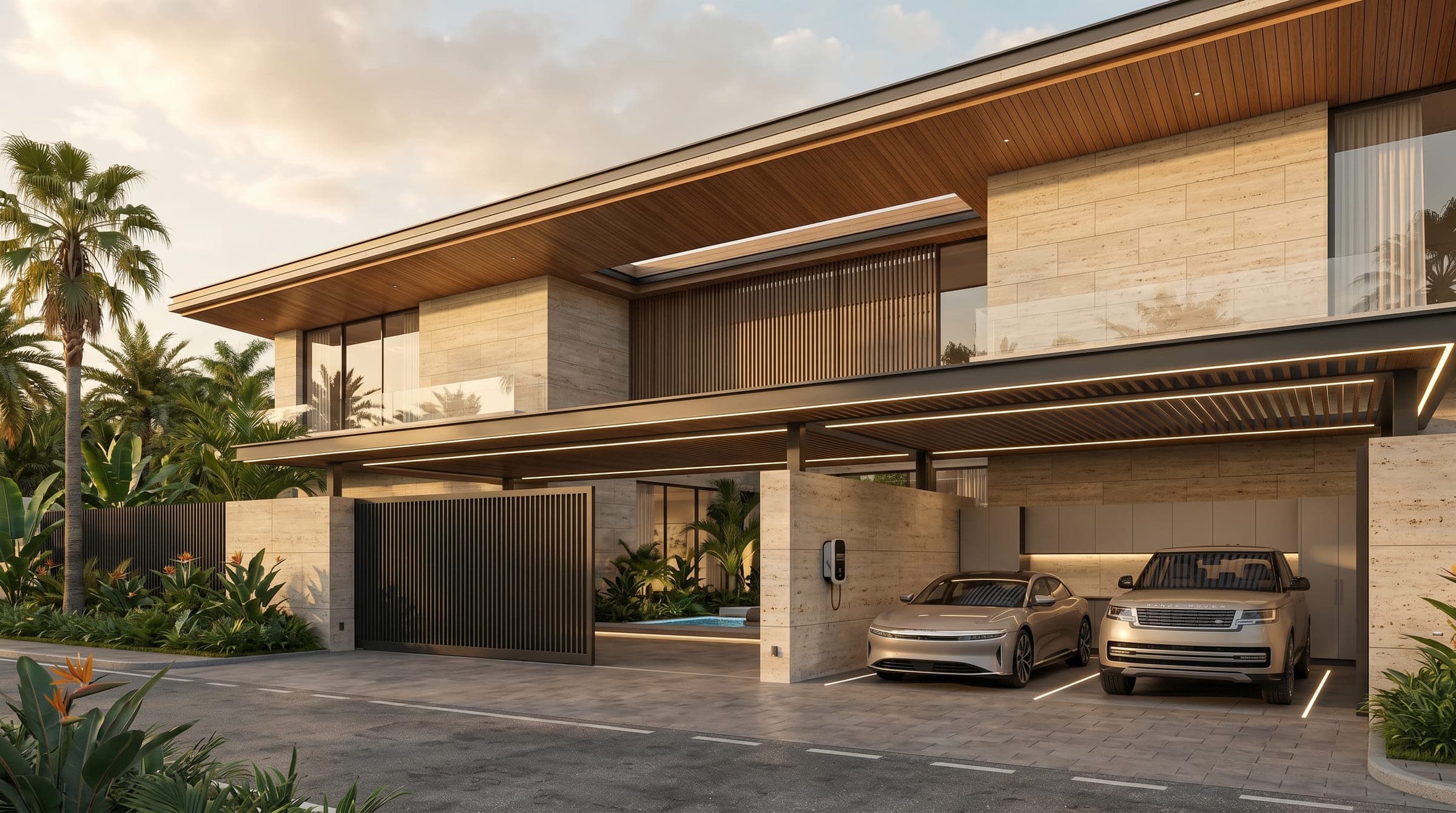 Design visualisation of the car court at Ground House, two cars under the cantilevered canopy beside the entrance, by LKYOOB
