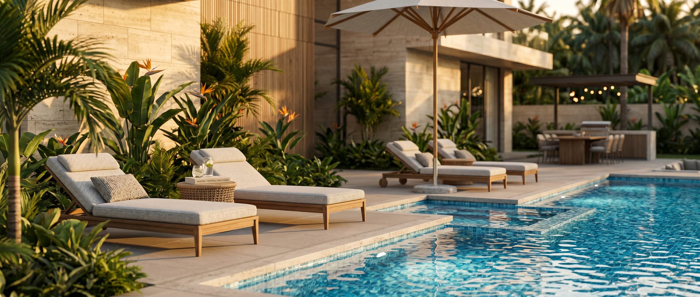 Design visualisation of the pool at Ground House, loungers and an umbrella on a stone deck among tropical planting, by LKYOOB
