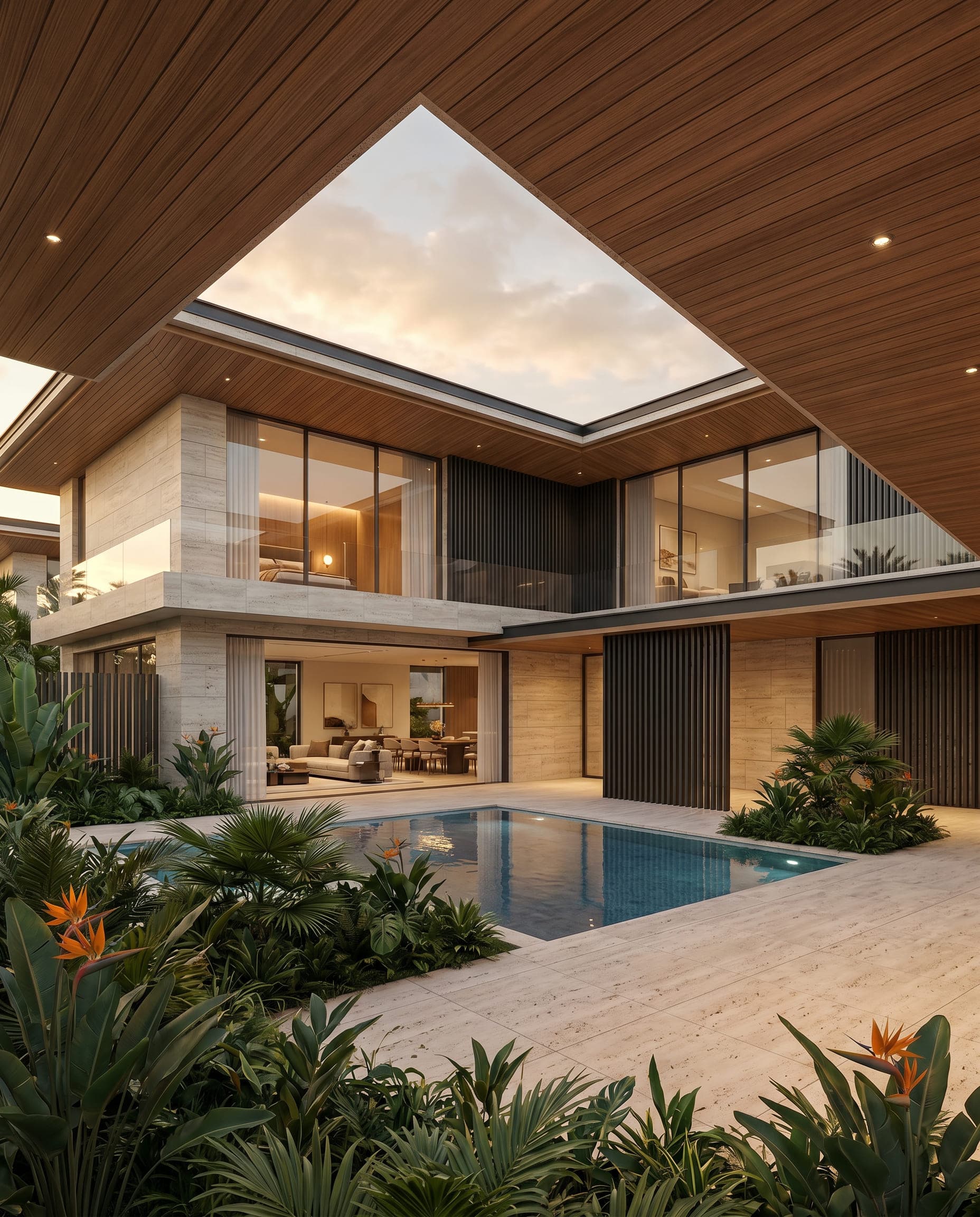 Design visualisation of the courtyard pool at Ground House, the glazed living room opening to the water under the timber soffit, by LKYOOB