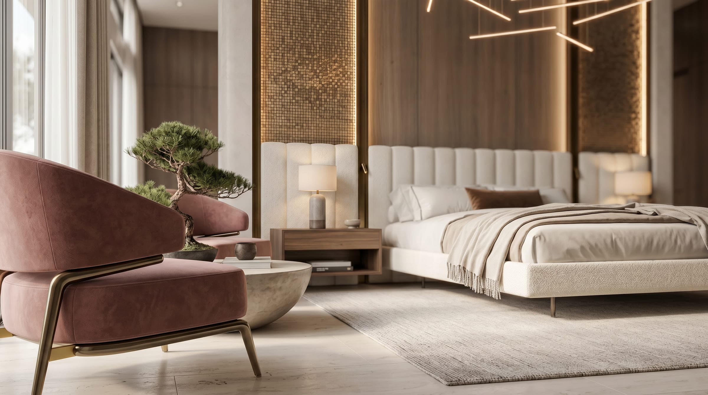 Design visualisation of the master bedroom at Ground House, rust velvet armchairs beside the bed, by LKYOOB