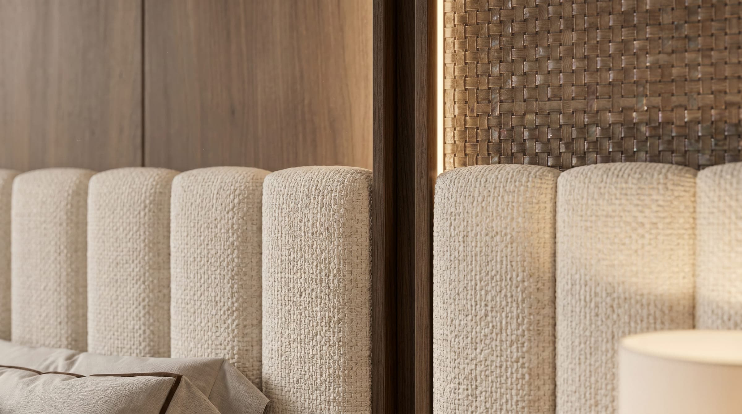Design visualisation of the headboard at Ground House, boucle channels meeting walnut and woven bronze panels, by LKYOOB