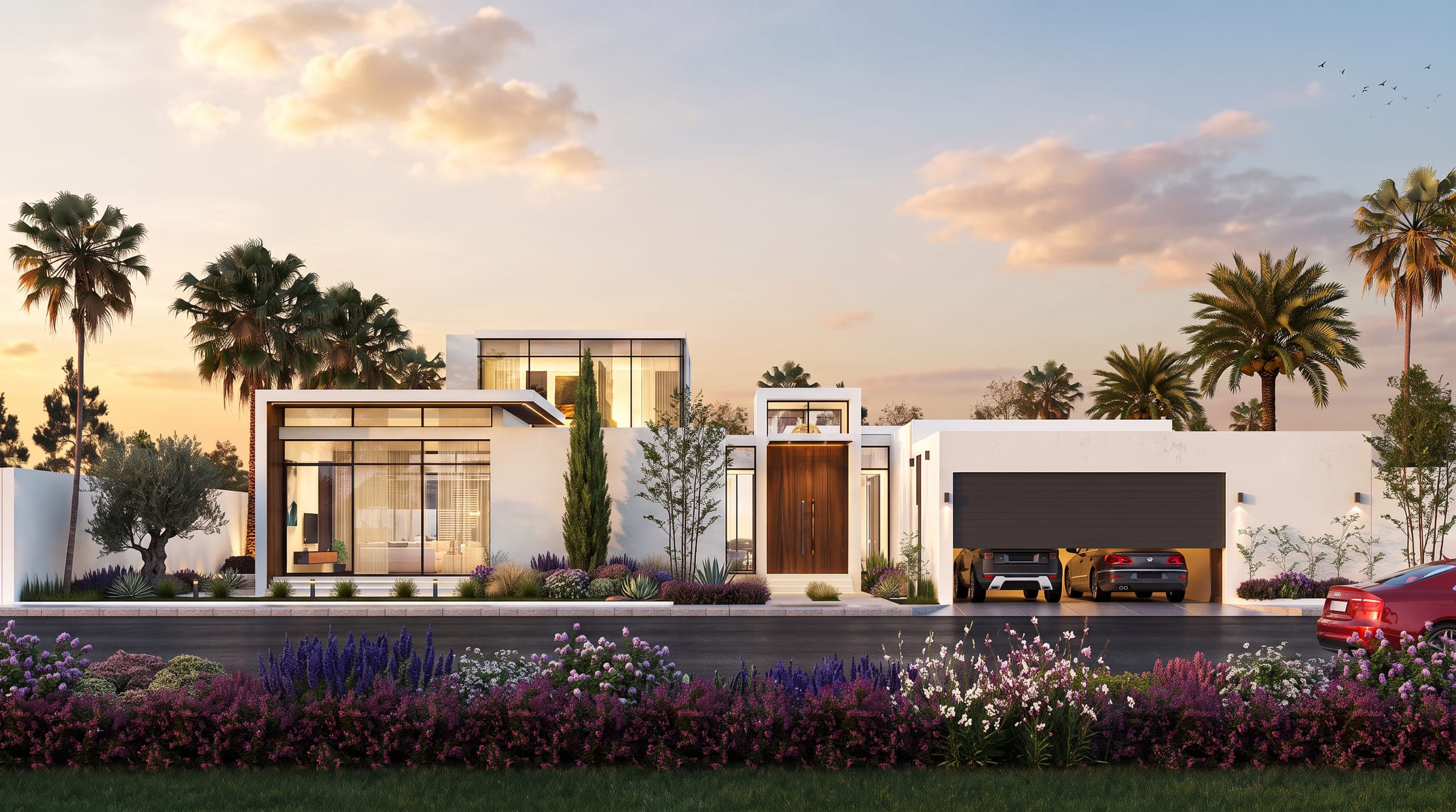 House of Light from the street at sunset, a single-storey glazed pavilion behind a flowering verge, a LKYOOB design visualisation