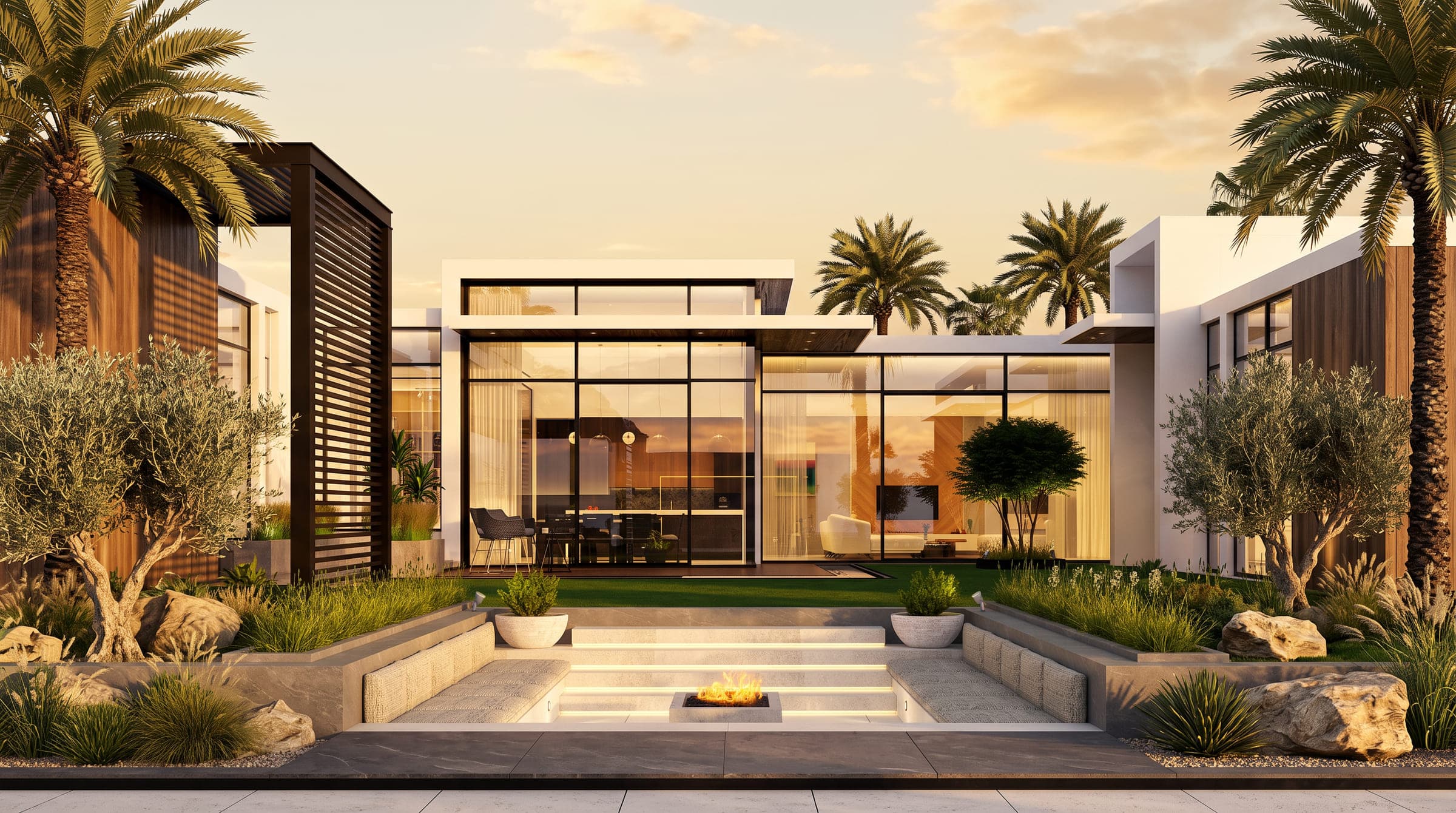 House of Light from the garden, glazed pavilions around a sunken court with a fire table, a LKYOOB design visualisation