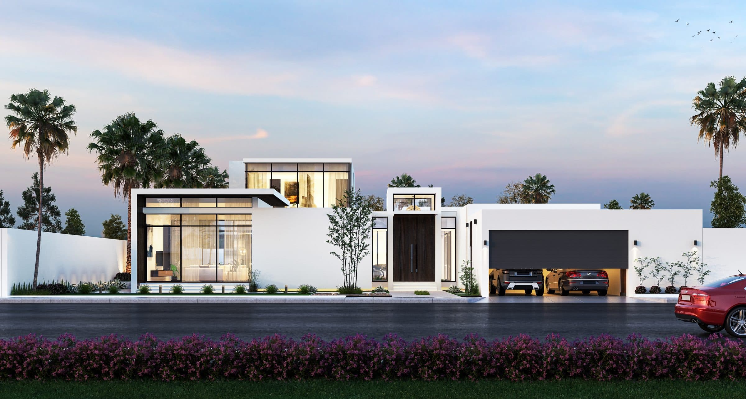 Design visualisation of the street elevation at dusk with the garage and a dark timber gate, by LKYOOB