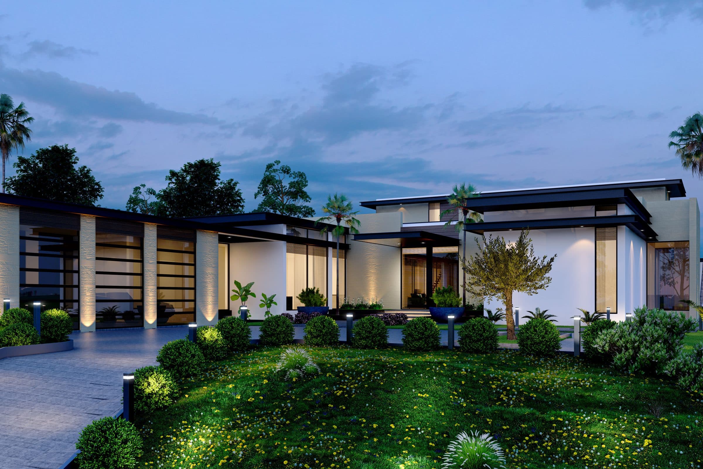 Design visualisation of the entrance wing at dusk, a covered porch over a lawn with flower beds, by LKYOOB