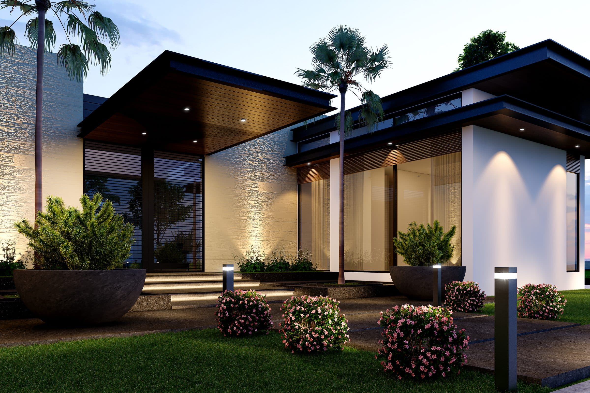 Design visualisation of the entrance porch with planters and flowering beds, by LKYOOB