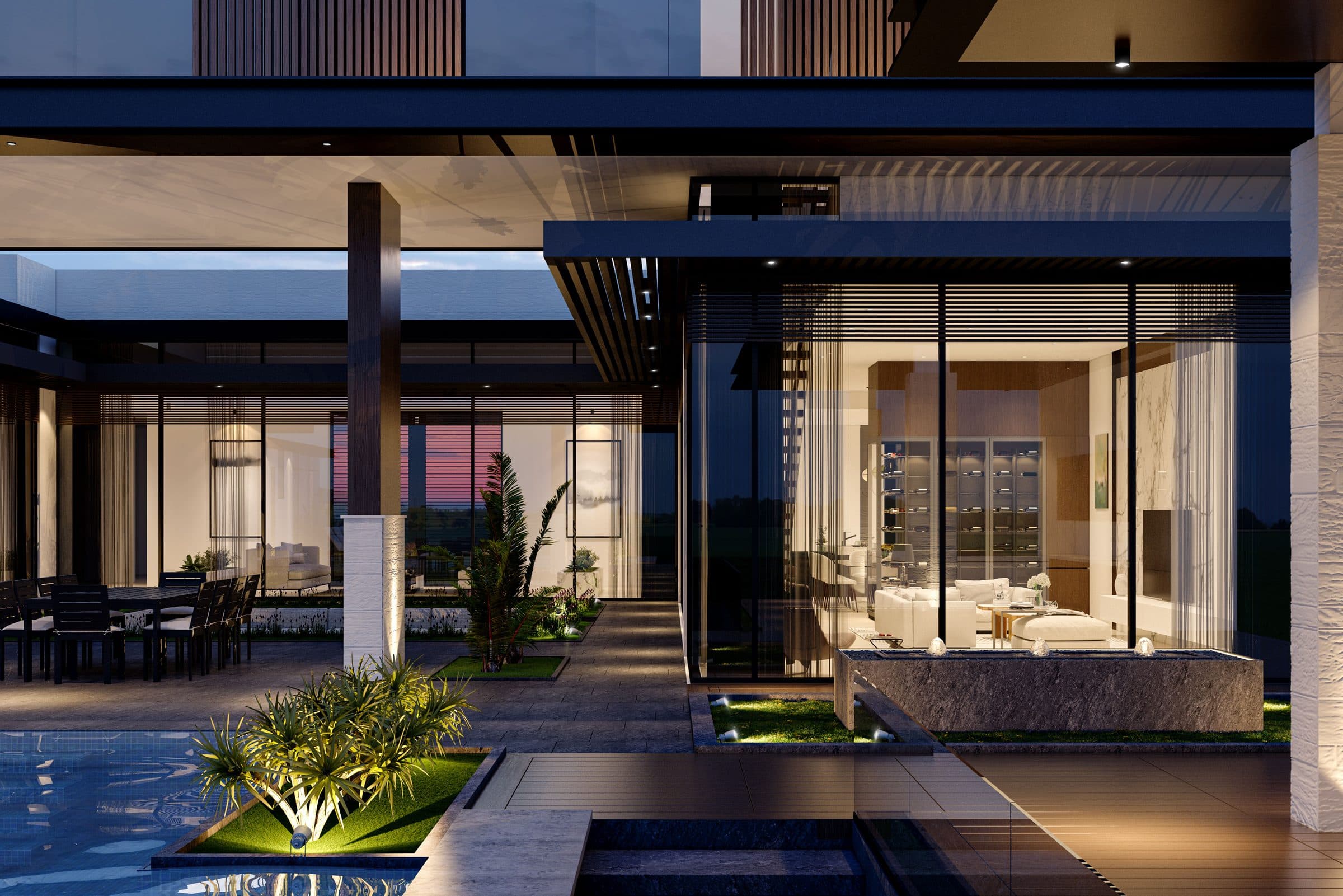 Design visualisation of the terrace between the glazed wings with water and planting, by LKYOOB