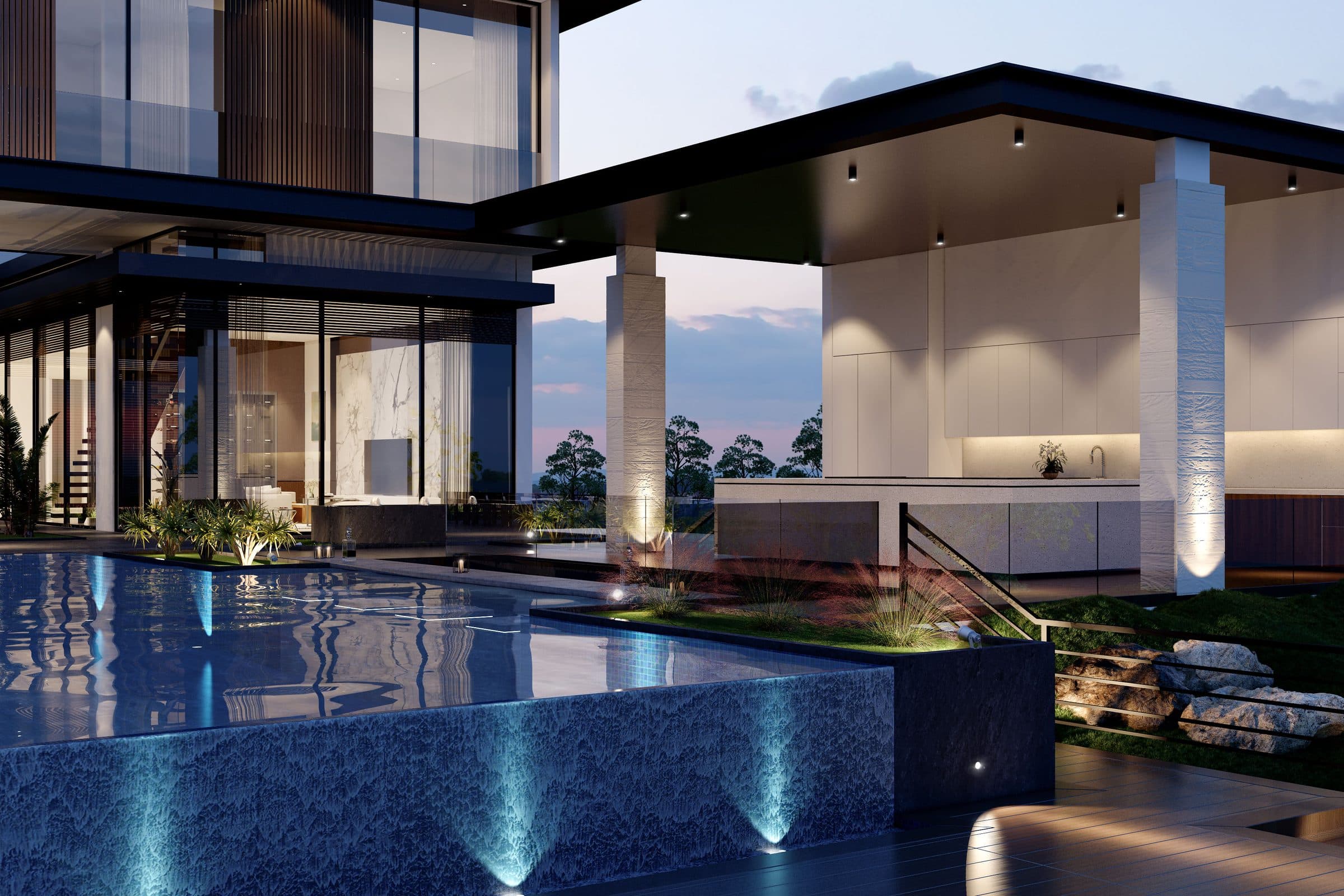 Design visualisation of the infinity pool with a stone-clad wall lit from below, by LKYOOB