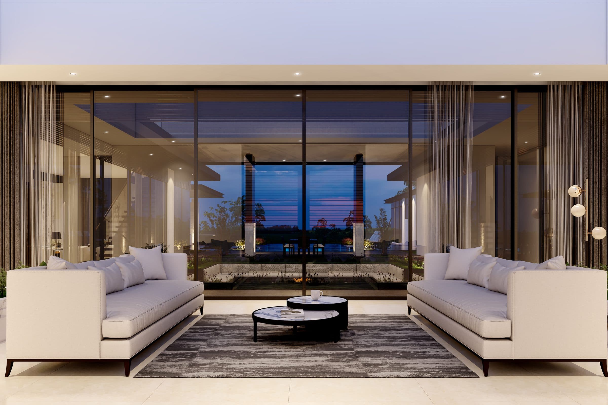 Design visualisation of the living room looking through the glazing to the pool at dusk, by LKYOOB