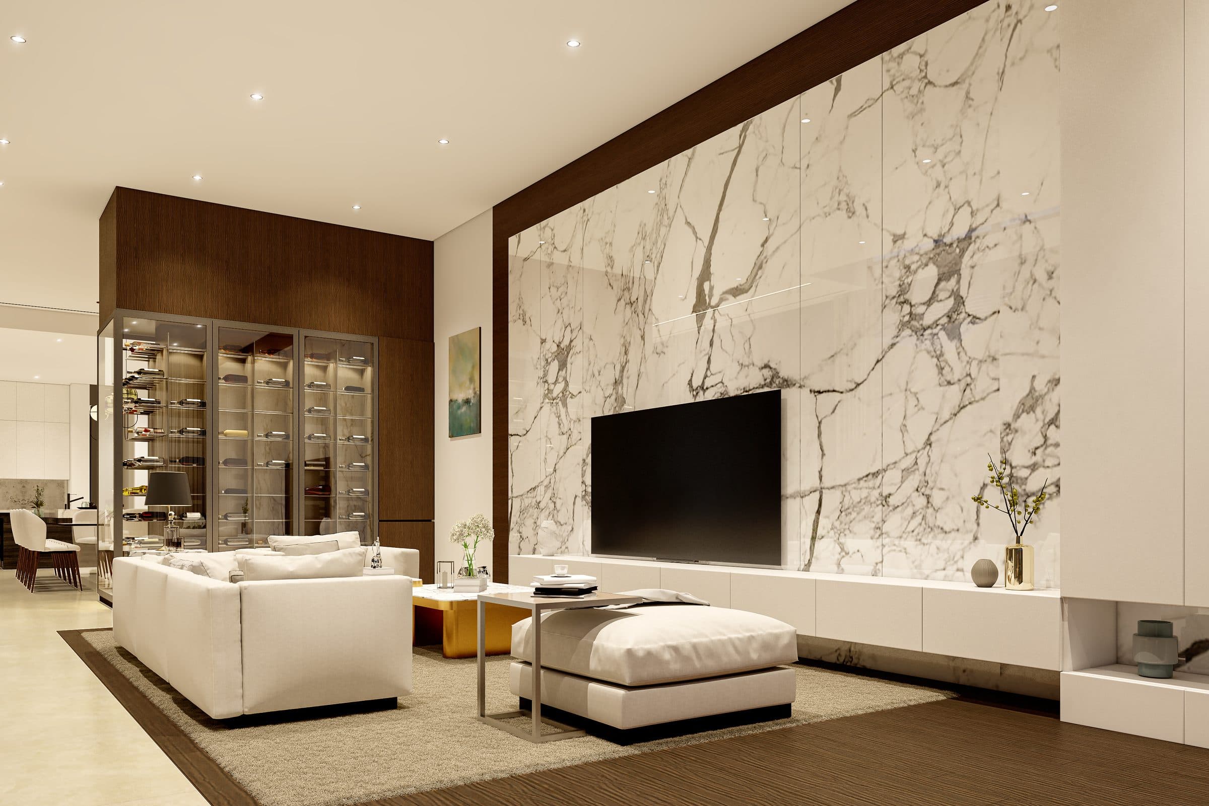 Design visualisation of the family room with a marble television wall and a wine wall, by LKYOOB