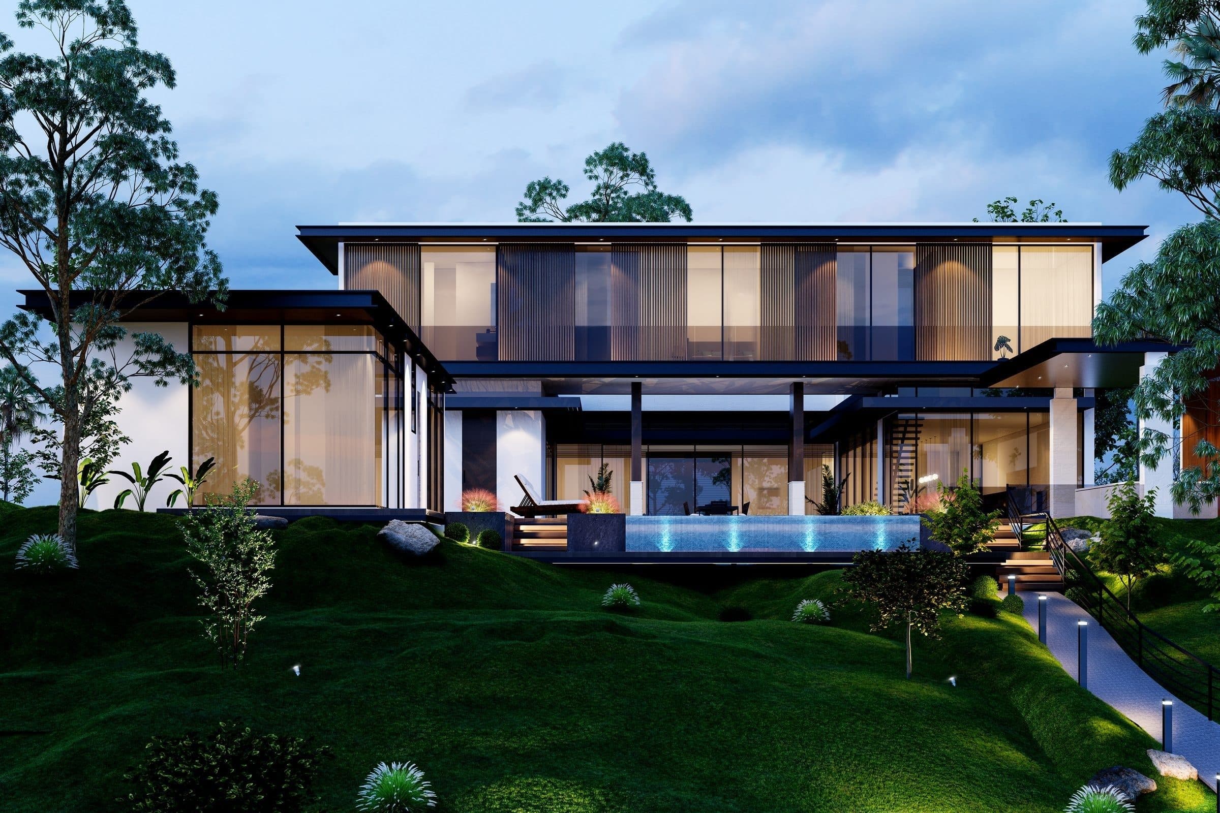 Design visualisation of a two-storey glass house with deep flat roofs on a lawn above an infinity pool, trees behind, at dusk, a LKYOOB house design