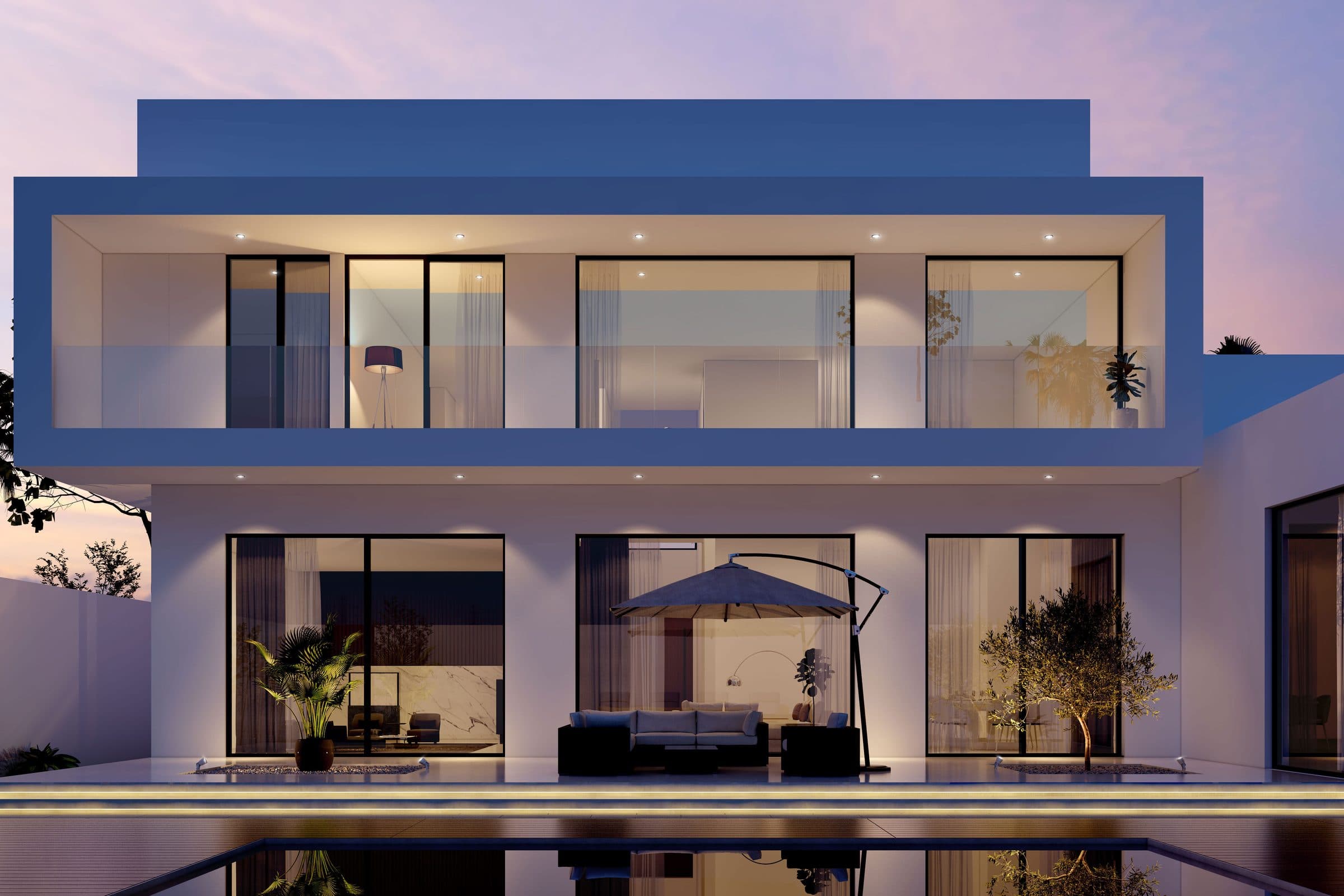 Design visualisation of The Lantern Villa at dusk, white volumes glowing above the pool, by LKYOOB