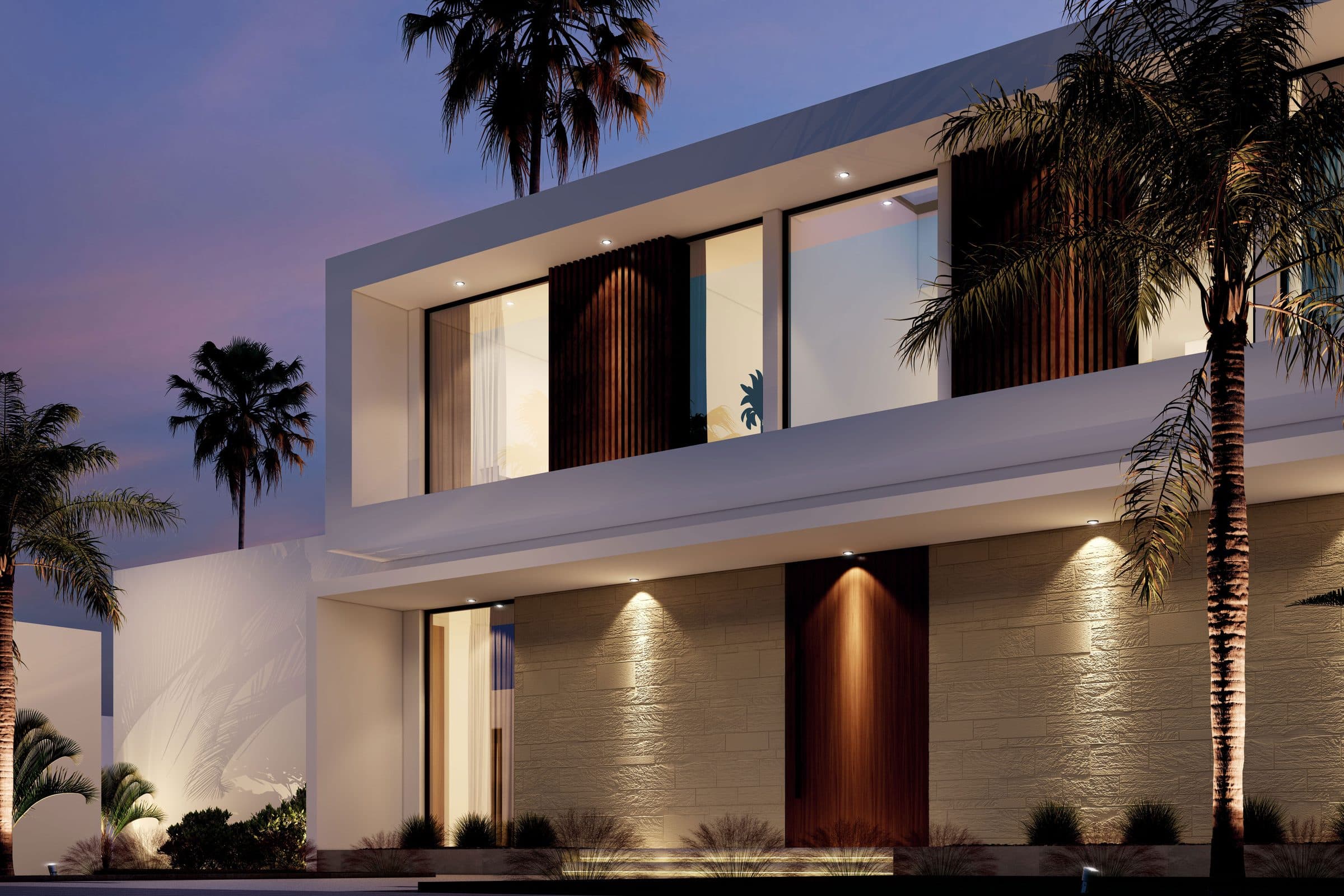 Design visualisation of the entrance at dusk, split-face stone and a timber door under a lit soffit, by LKYOOB
