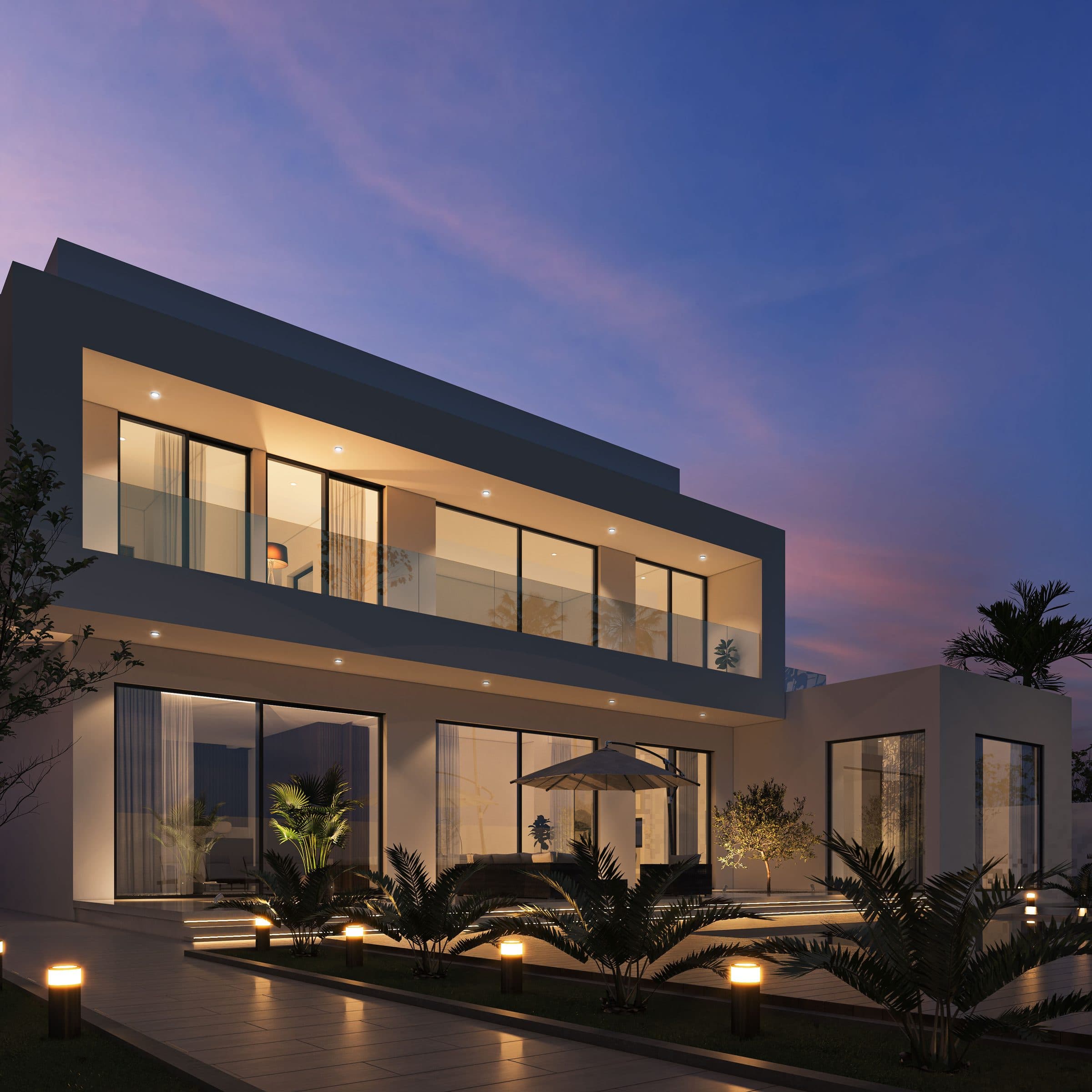 Design visualisation of the garden corner at dusk with the glazed living room lit, by LKYOOB